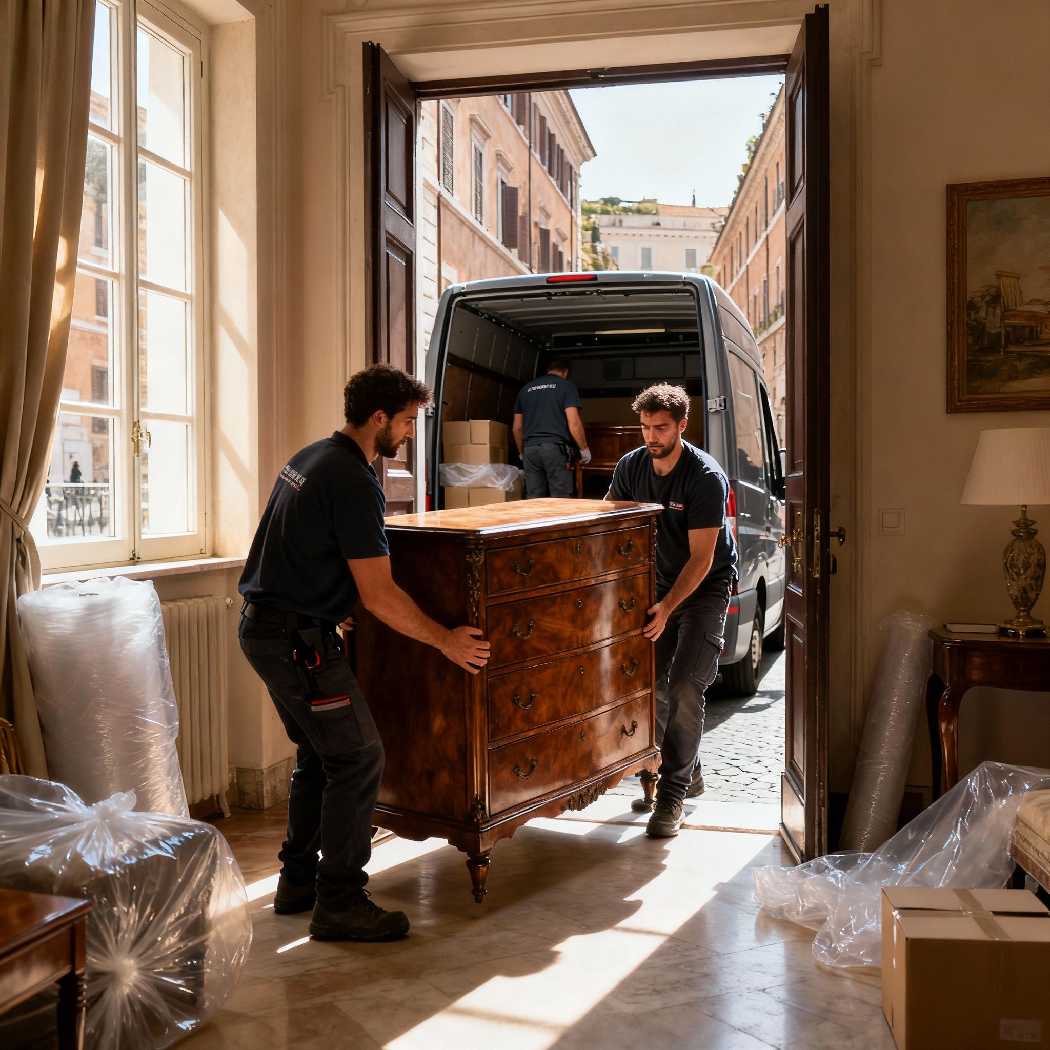 Trasloco Trionfale: il nostro team esperto sposta un mobile di legno con massima cura e coordinazione professionale.