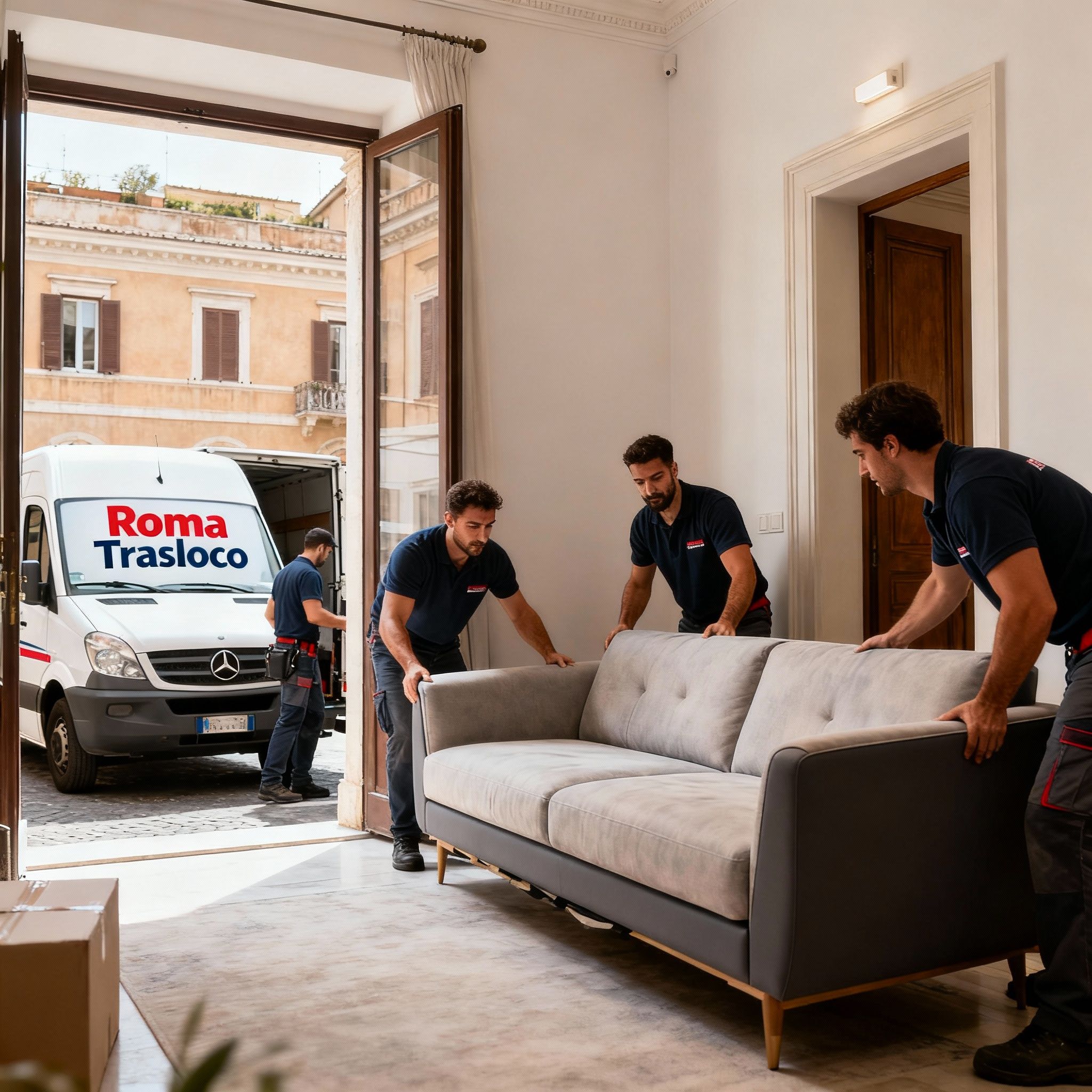 Trasporto divano Roma - Team di professionisti collabora con esperienza per spostare un divano in sicurezza in un appartamento.