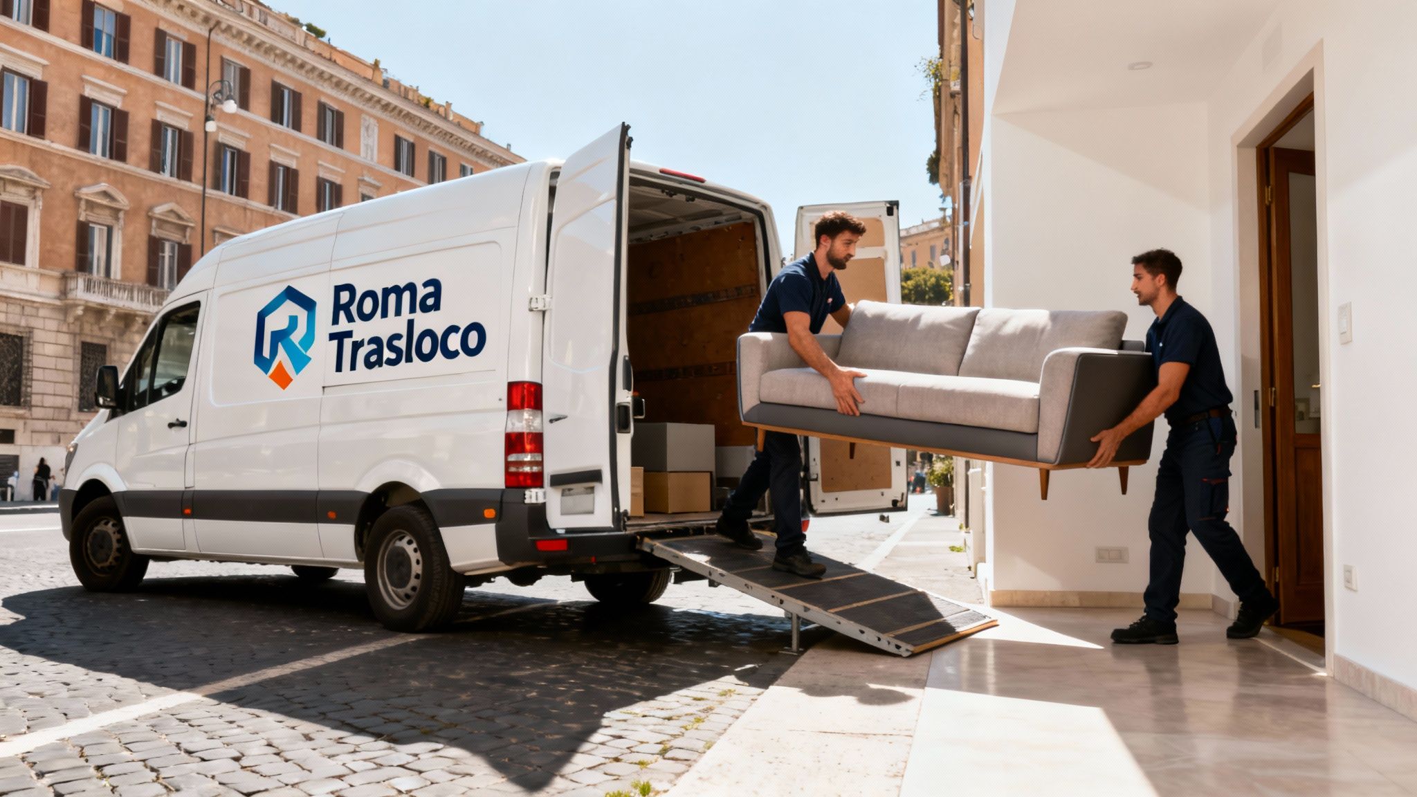 Trasporto divano Roma - Squadra di traslocatori professionisti carica un divano su un furgone brandizzato Roma Trasloco.