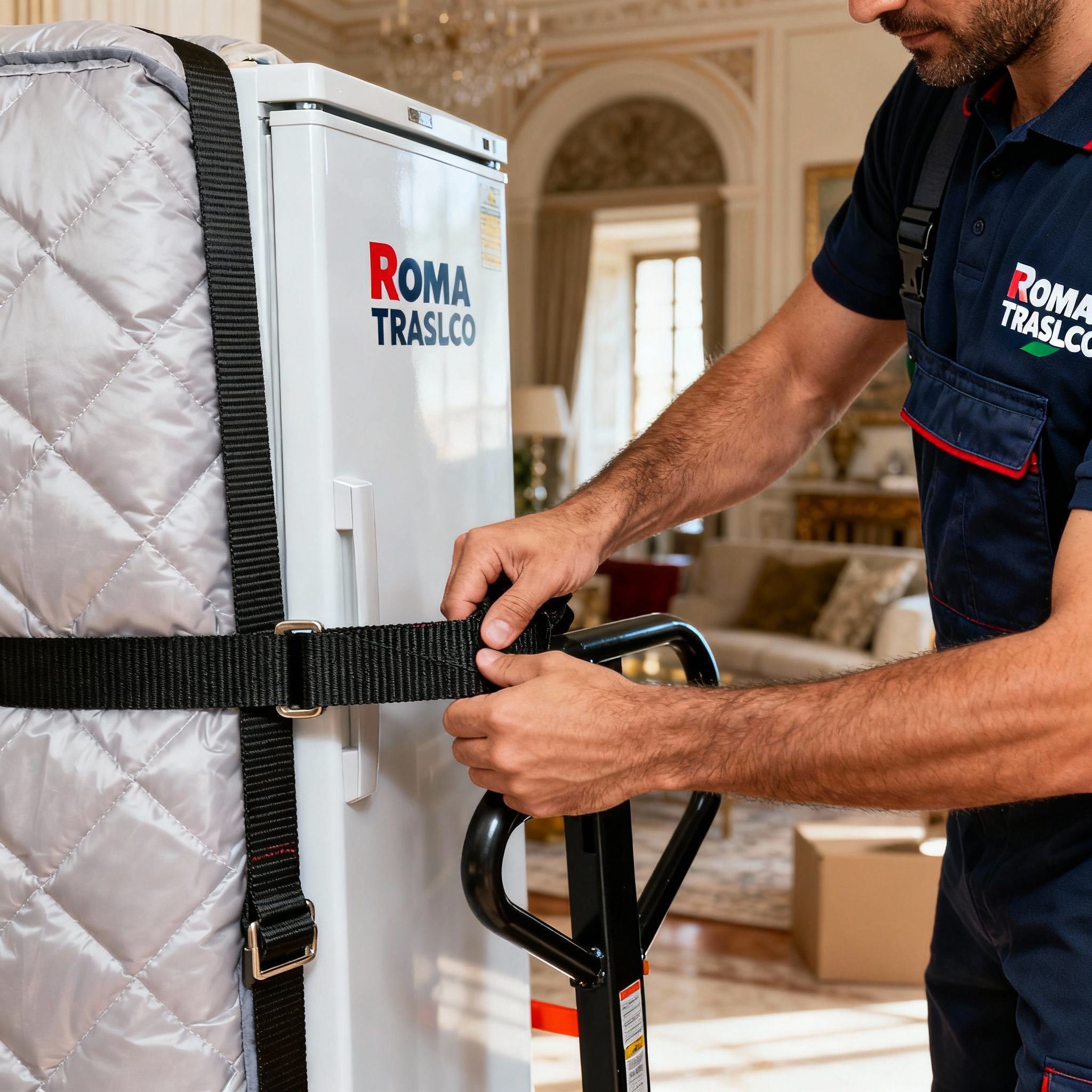 Dettaglio trasporto frigorifero Roma: mani di un traslocatore che fissa in sicurezza un frigo su un carrello professionale.