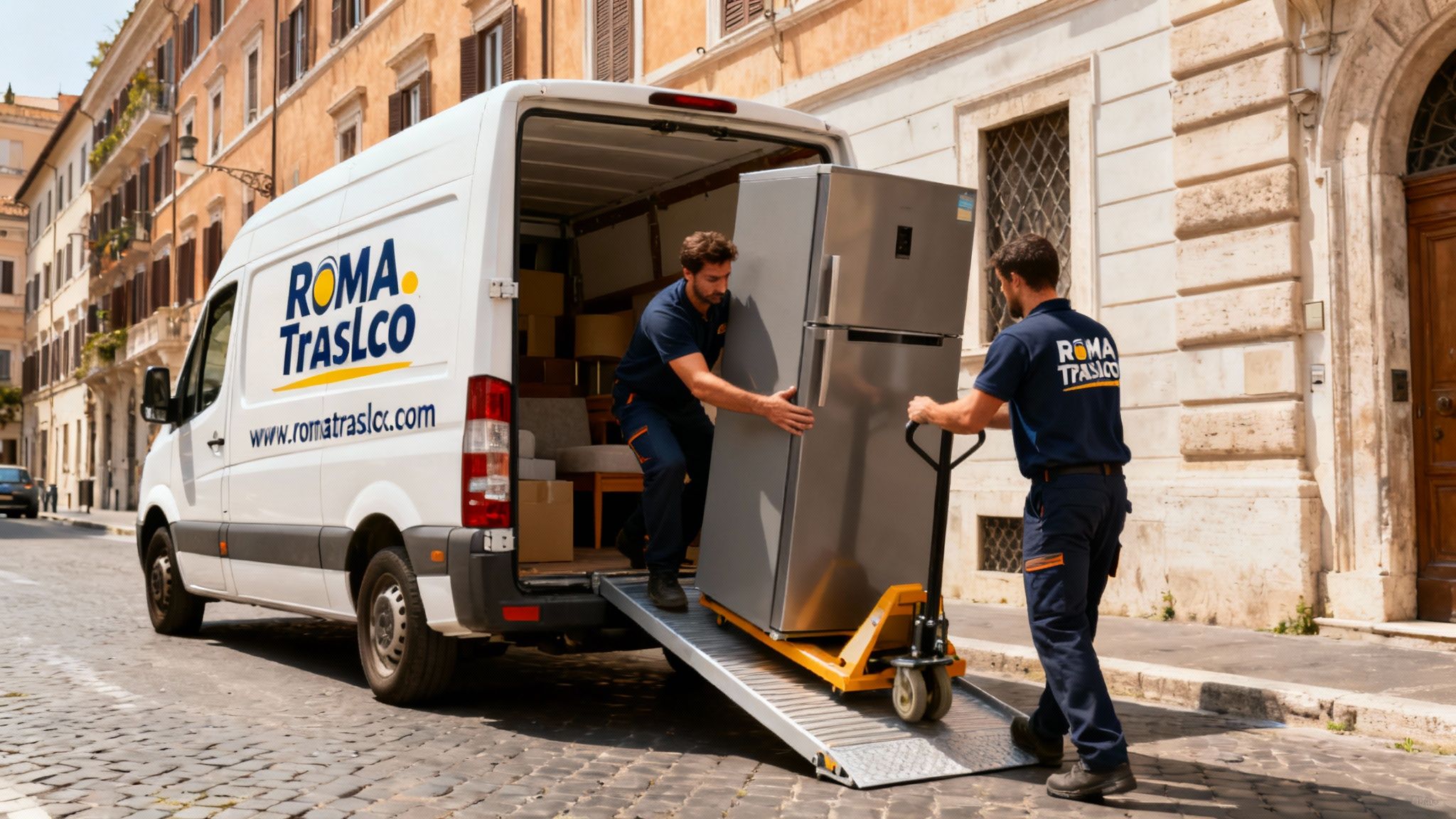 Trasporto frigorifero Roma: squadra di traslocatori professionisti carica un furgone brandizzato Roma Trasloco in una via di Roma.