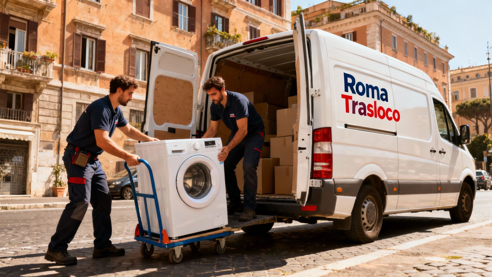 Trasporto lavatrice Roma: squadra di traslocatori professionisti carica furgone attrezzato per un servizio rapido e sicuro 24/7.