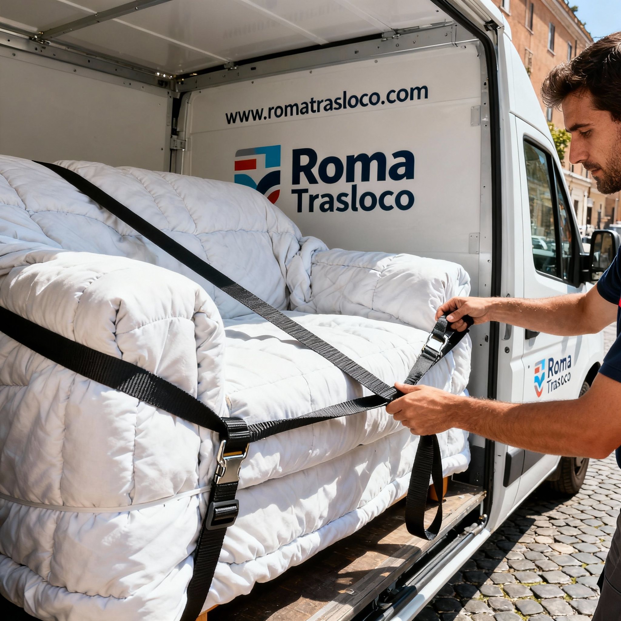 Trasporto mobili Roma - Dettaglio di un mobile protetto e fissato in modo sicuro all'interno del furgone aziendale.