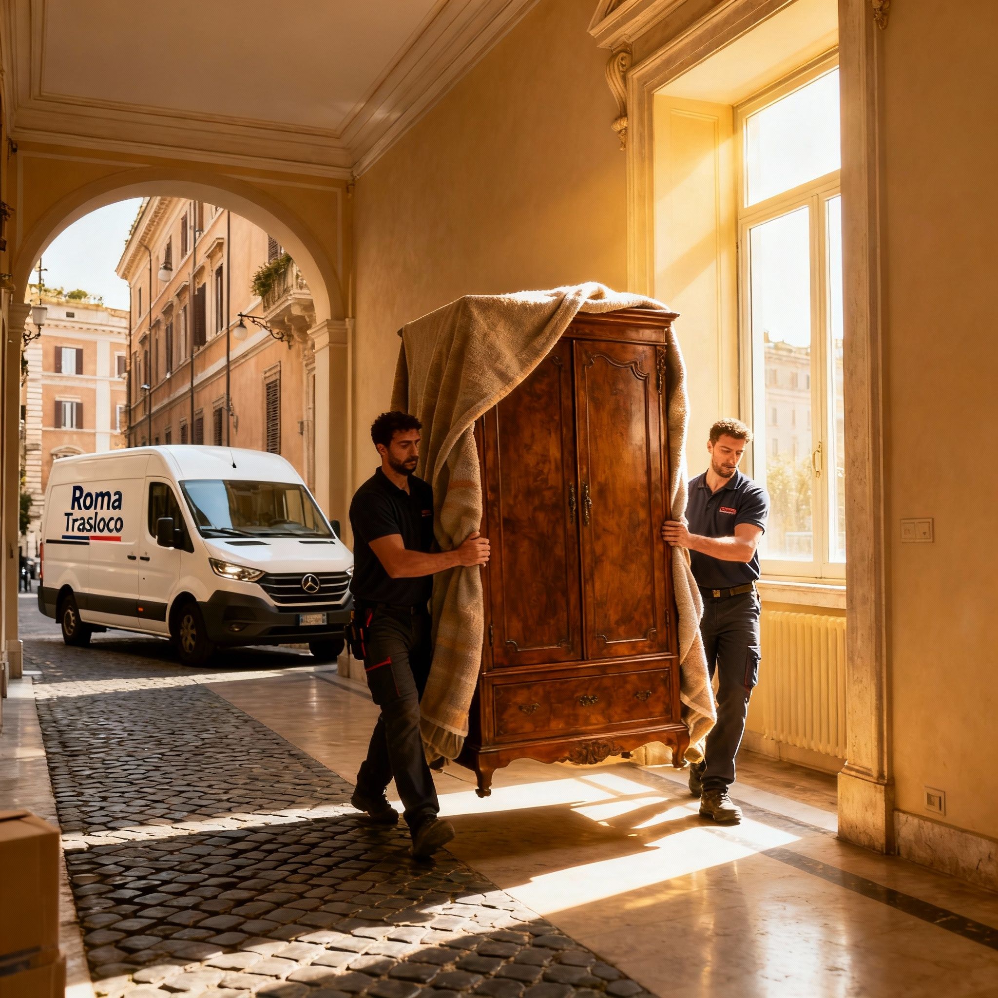 Trasporto mobili Roma - Due traslocatori professionisti movimentano con cura un mobile antico all'interno di un palazzo.