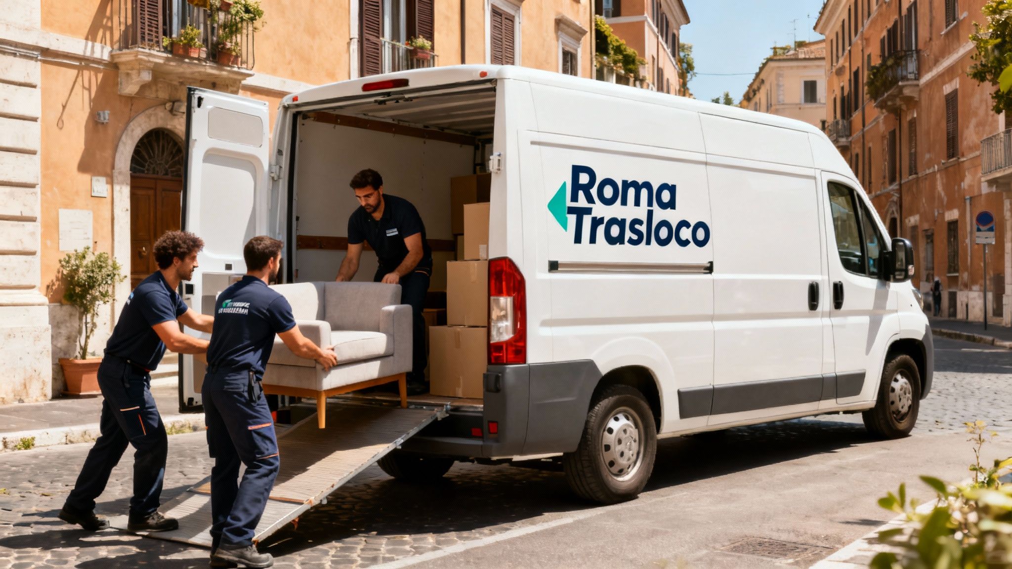 Quartiere Bel Poggio - squadra professionale carica mobili su furgone moderno
