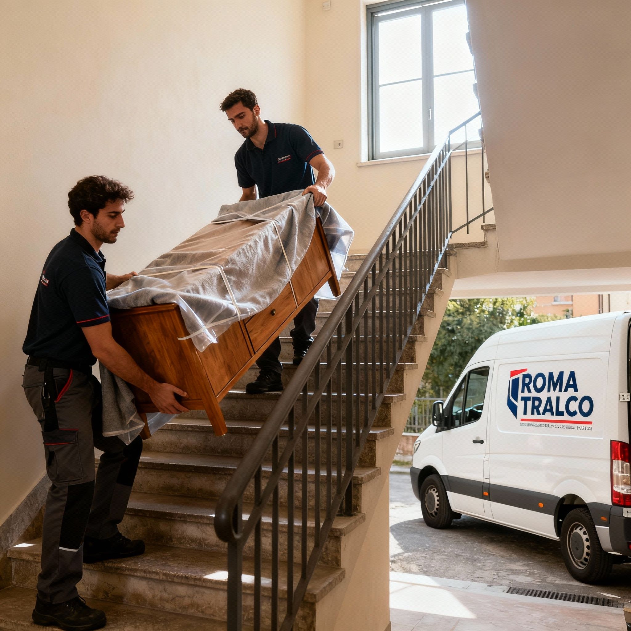 Quartiere Bufalotta - operatori maschi collaborano nel trasporto mobili su scale