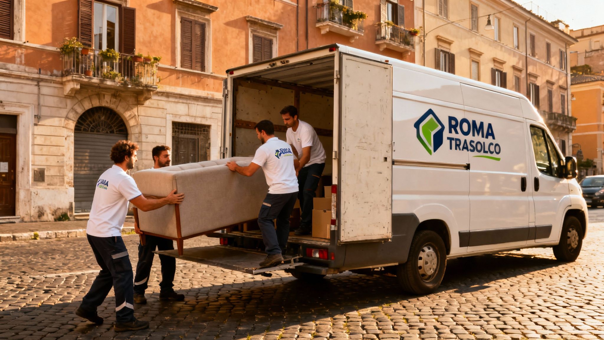 Quartiere Casal Bertone - squadra professionale carica mobili su furgone Roma Trasloco