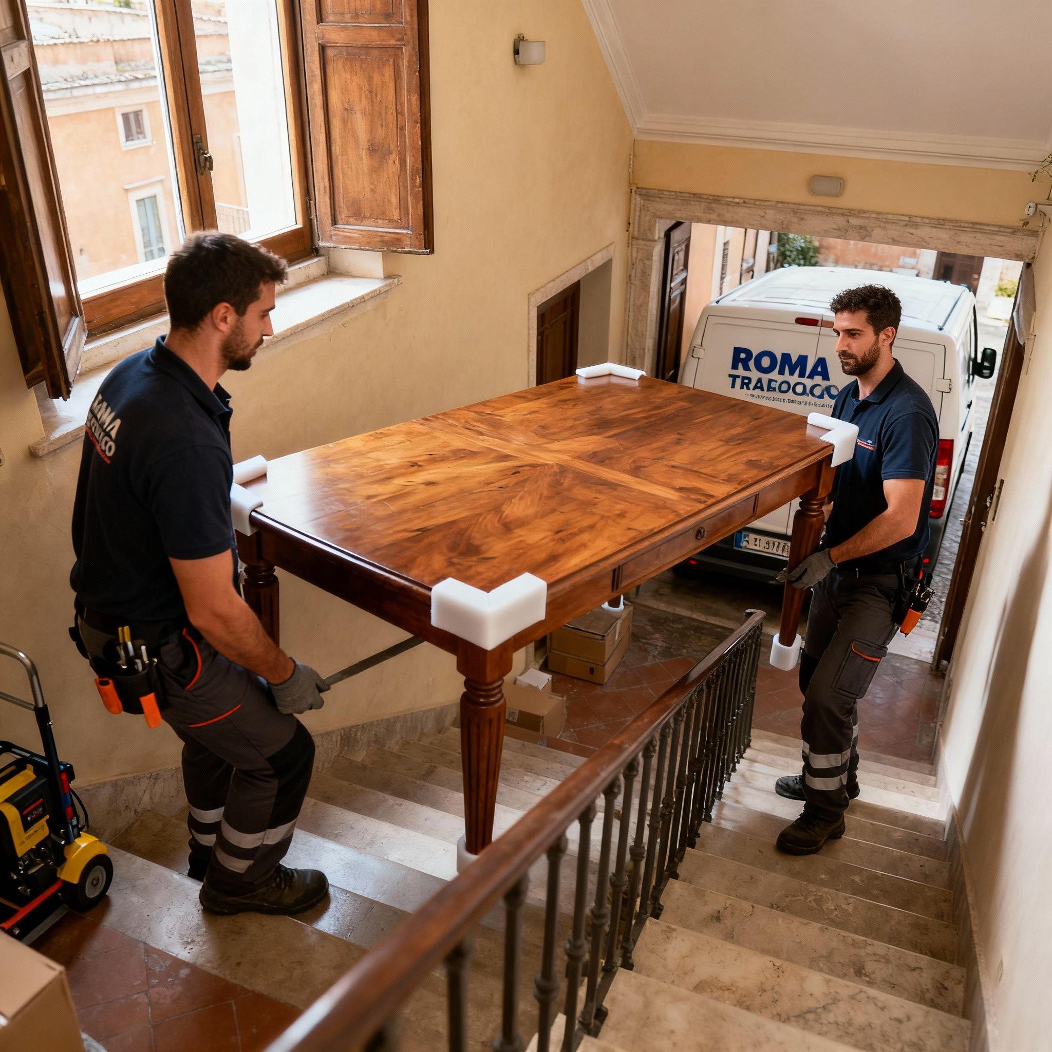 Quartiere Casal Boccone - due operatori maschili collaborano per trasportare tavolo lungo scala italiana con attenzione