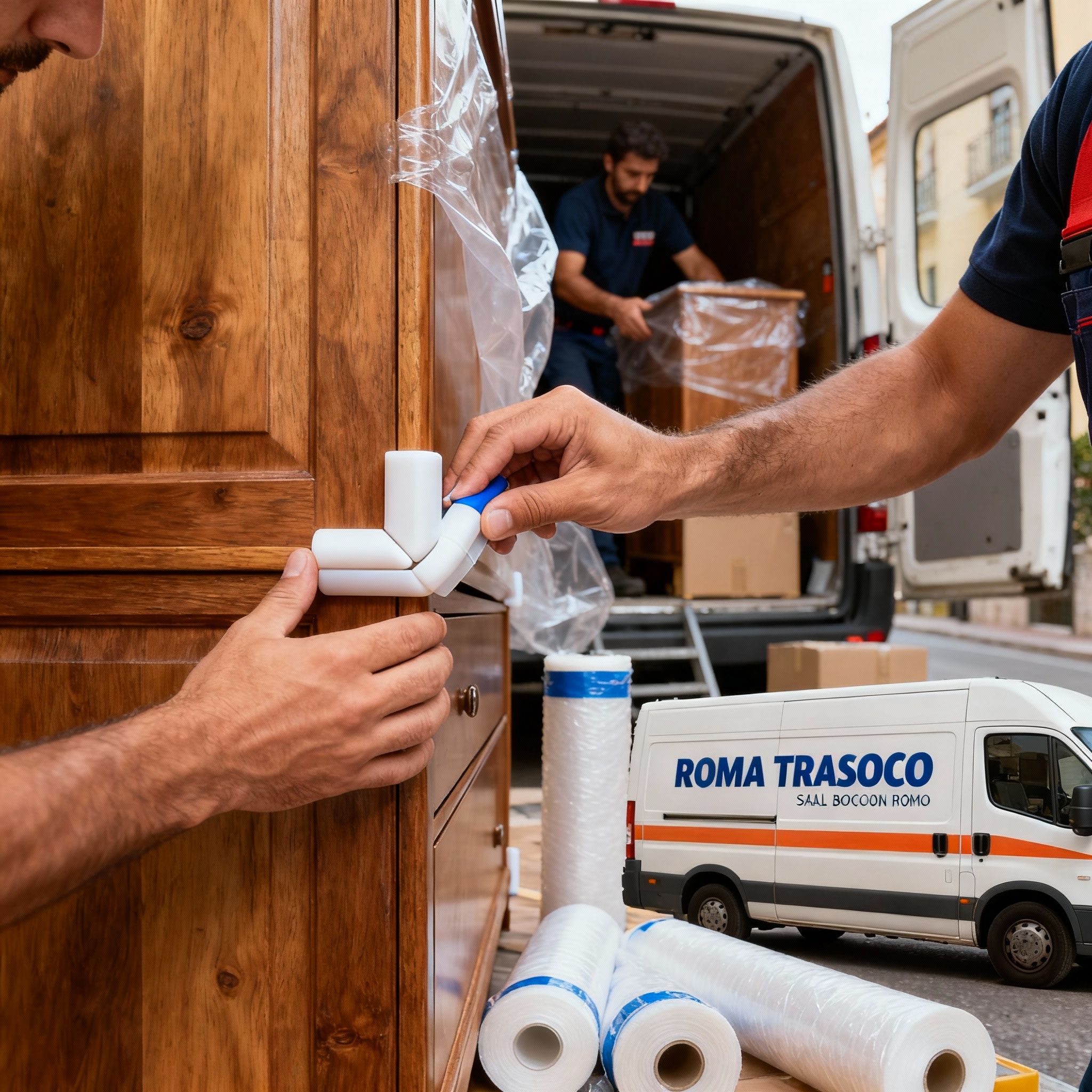 Quartiere Casal Boccone - dettaglio mani esperte applicano protezioni angolari su mobili con tecnica professionale