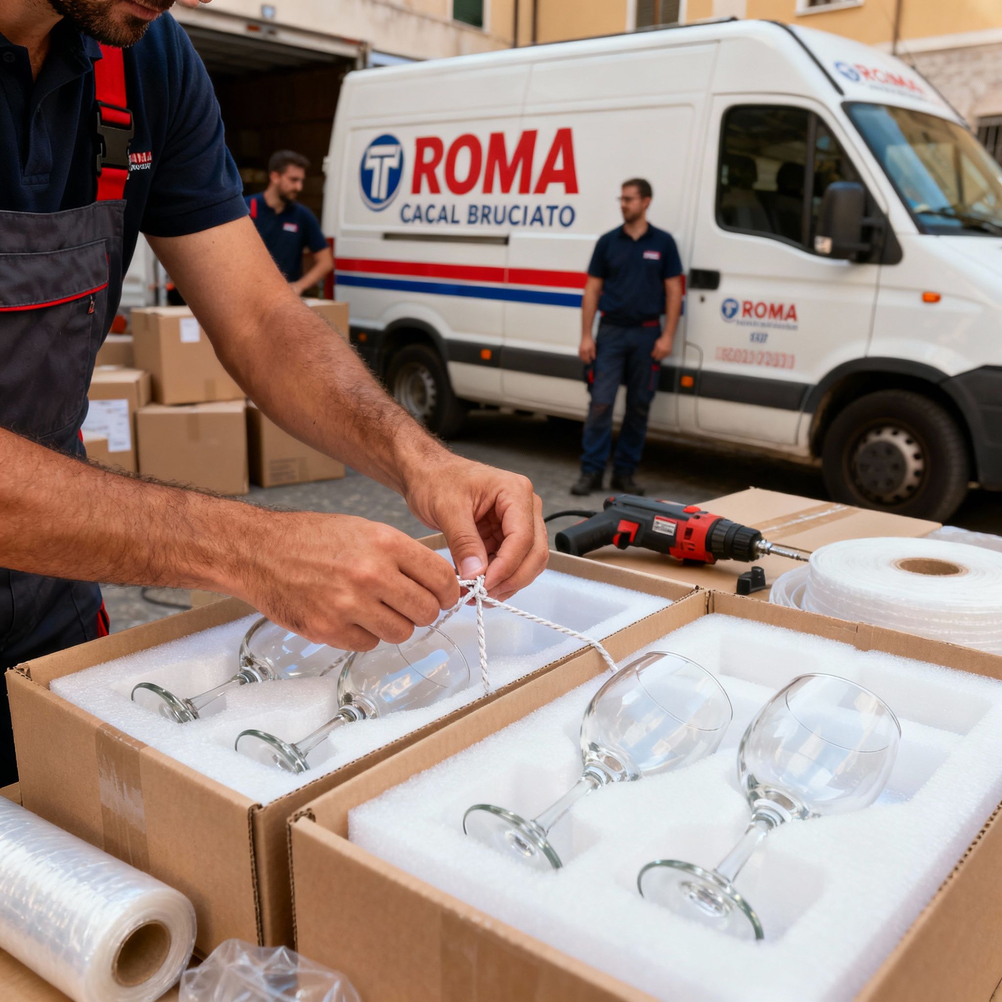 Quartiere Casal Bruciato - dettaglio mani operatore professionale imballa cristalleria con cura