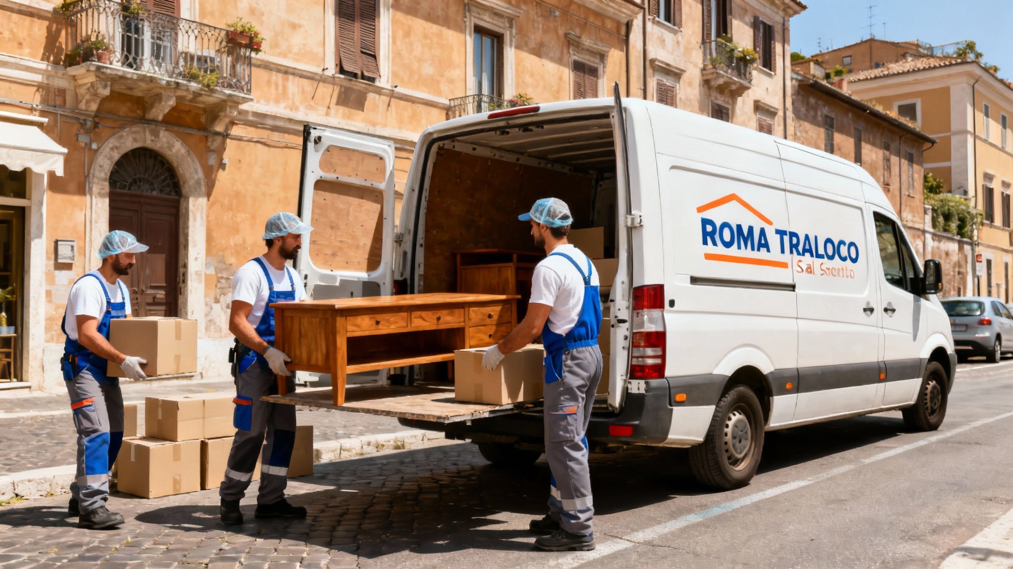 Quartiere Casal Bruciato - squadra professionale carica mobili su furgone Roma Trasloco