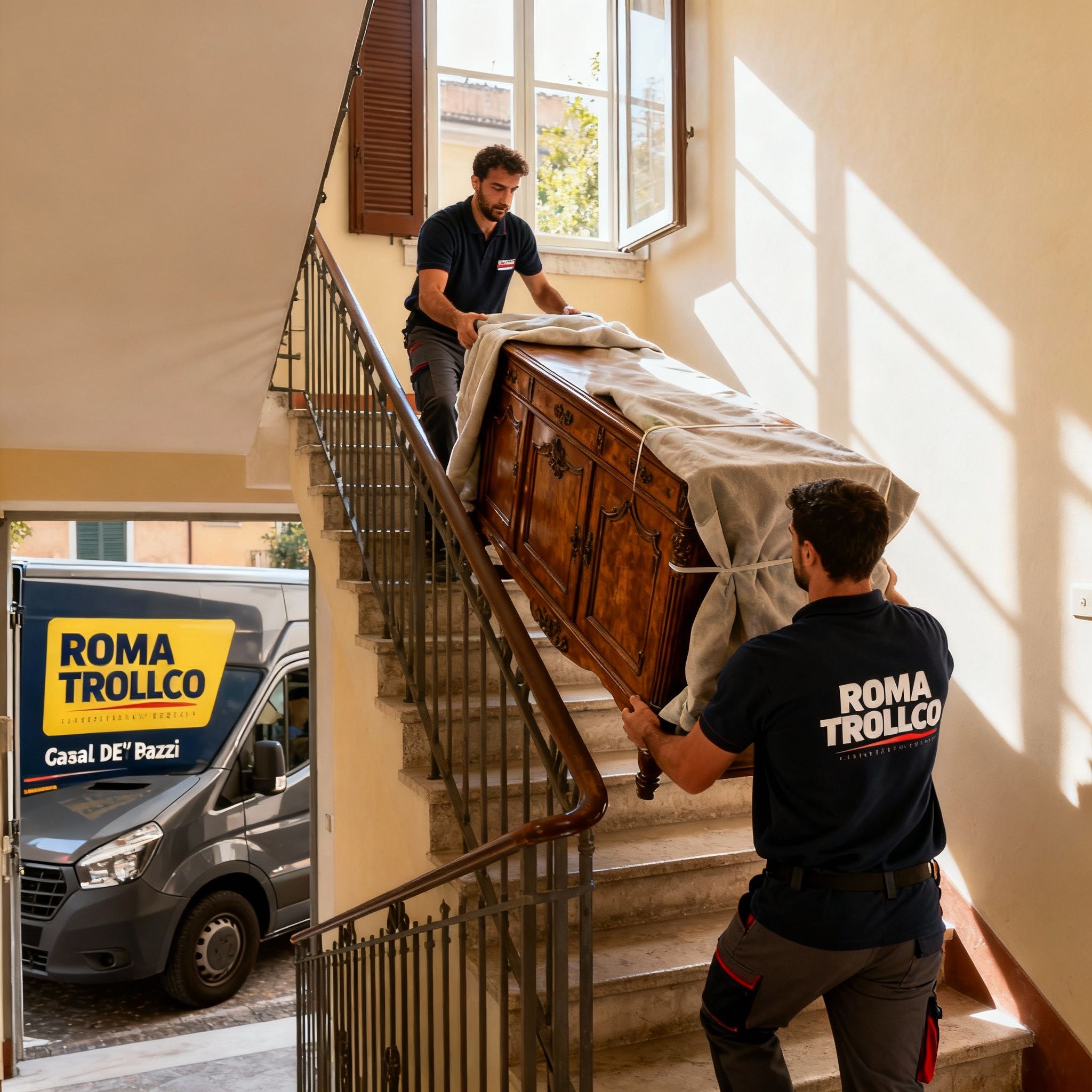 Quartiere Casal De' Pazzi - operatori maschili collaborano per trasportare mobili con cura e protezioni