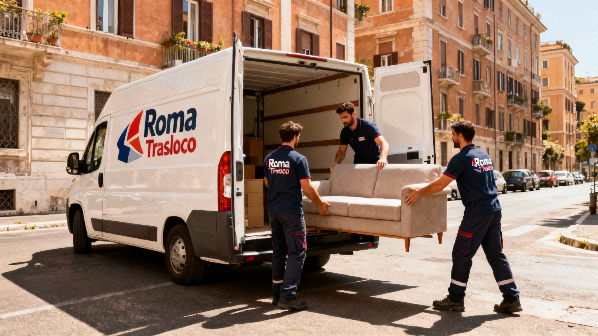Quartiere Casal De' Pazzi - squadra professionale carica mobili su furgone moderno con branding Roma Trasloco