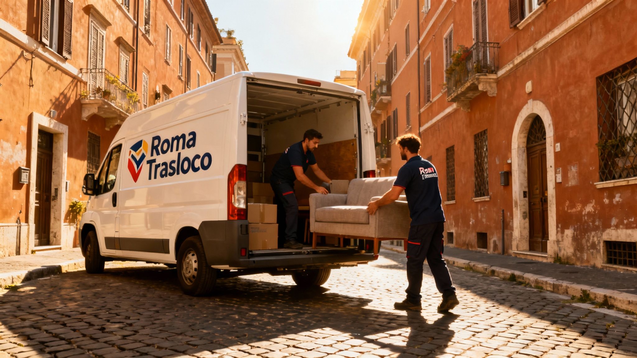 Quartiere Case Rosse - squadra professionale carica mobili su furgono Roma Trasloco