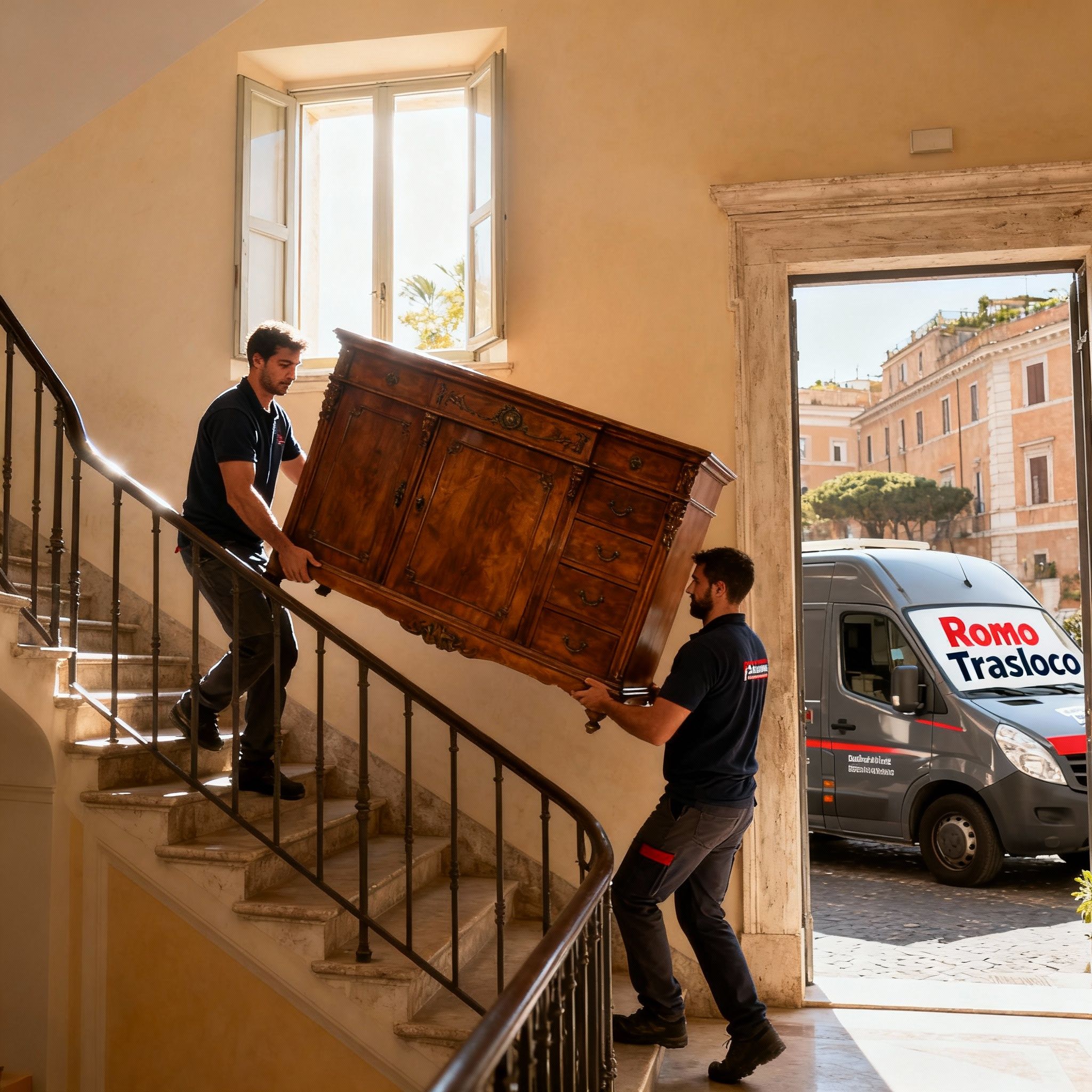 Quartiere Celio - Team di traslocatori esperti movimenta con cura un mobile antico in un palazzo storico di Roma.