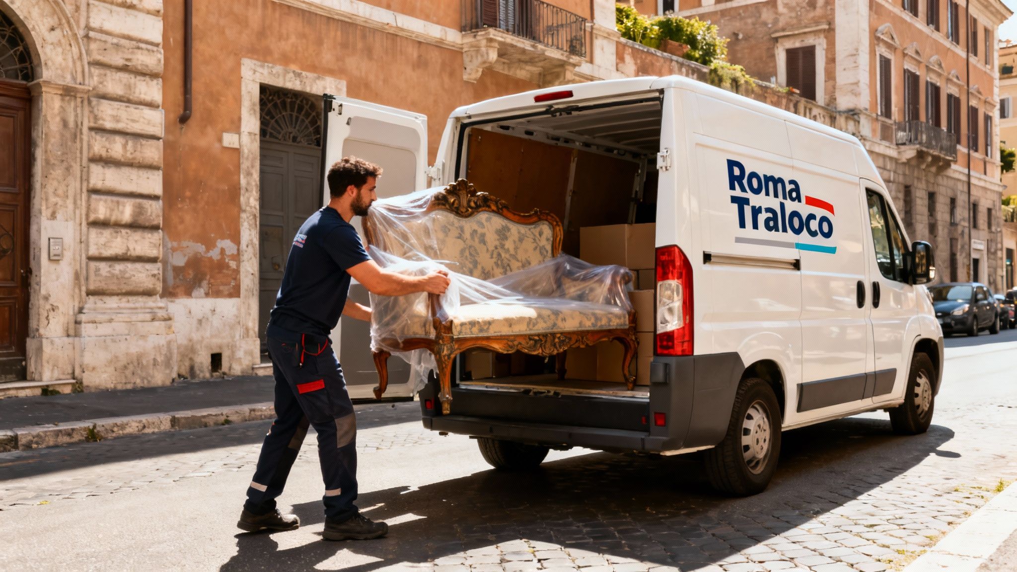 Quartiere Celio - Squadra di traslocatori professionisti carica un furgone moderno con mobili d'antiquariato a Roma.