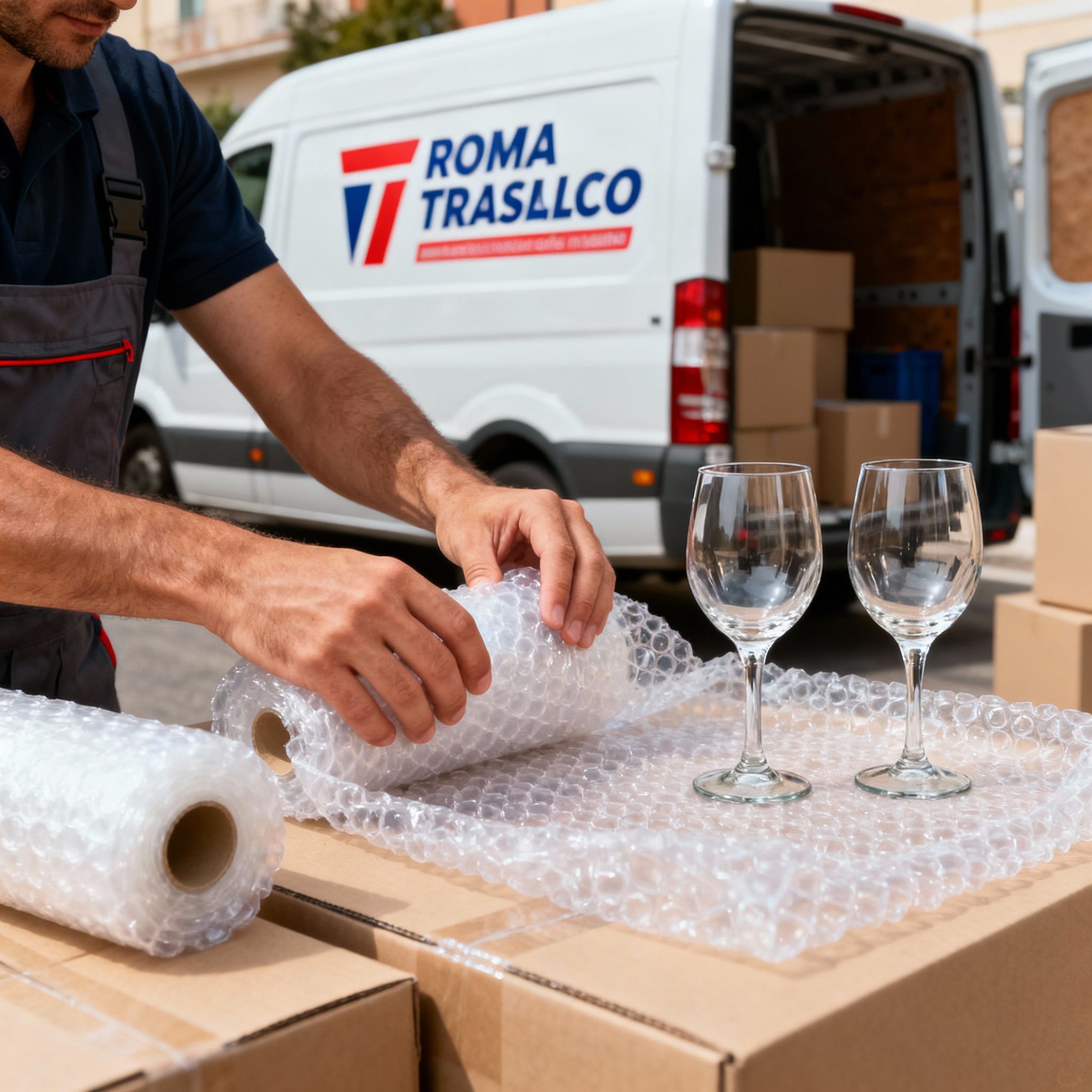 Quartiere Cinquina - dettaglio mani esperte proteggono oggetti fragili con materiali professionali