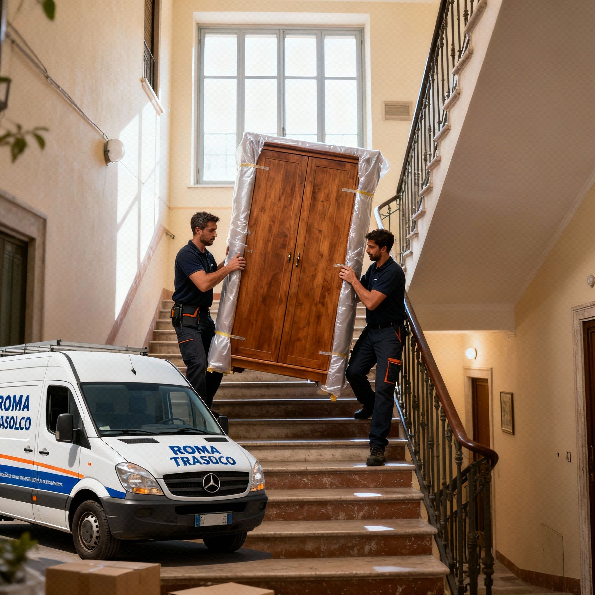 Quartiere Cinquina - operatori maschi collaborano in team per trasporto mobili difficili