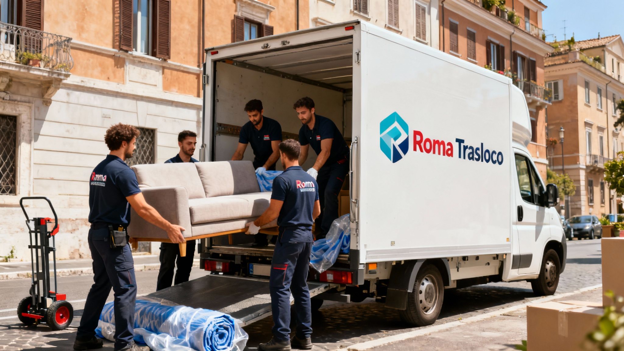 Quartiere Cinquina - squadra professionale carica mobili su furgone branded Roma Trasloco