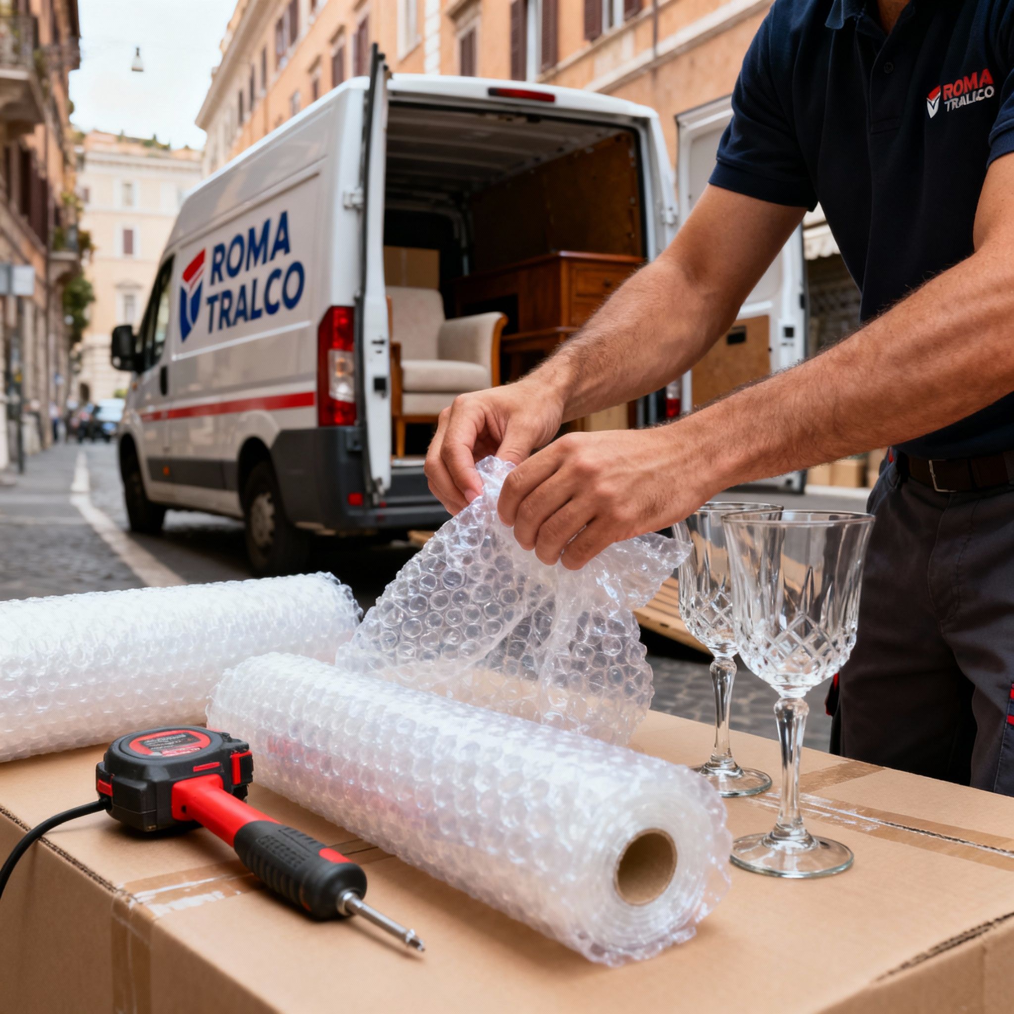 Quartiere Clodio - dettaglio tecnico imballaggio vetro fragile con professionalità