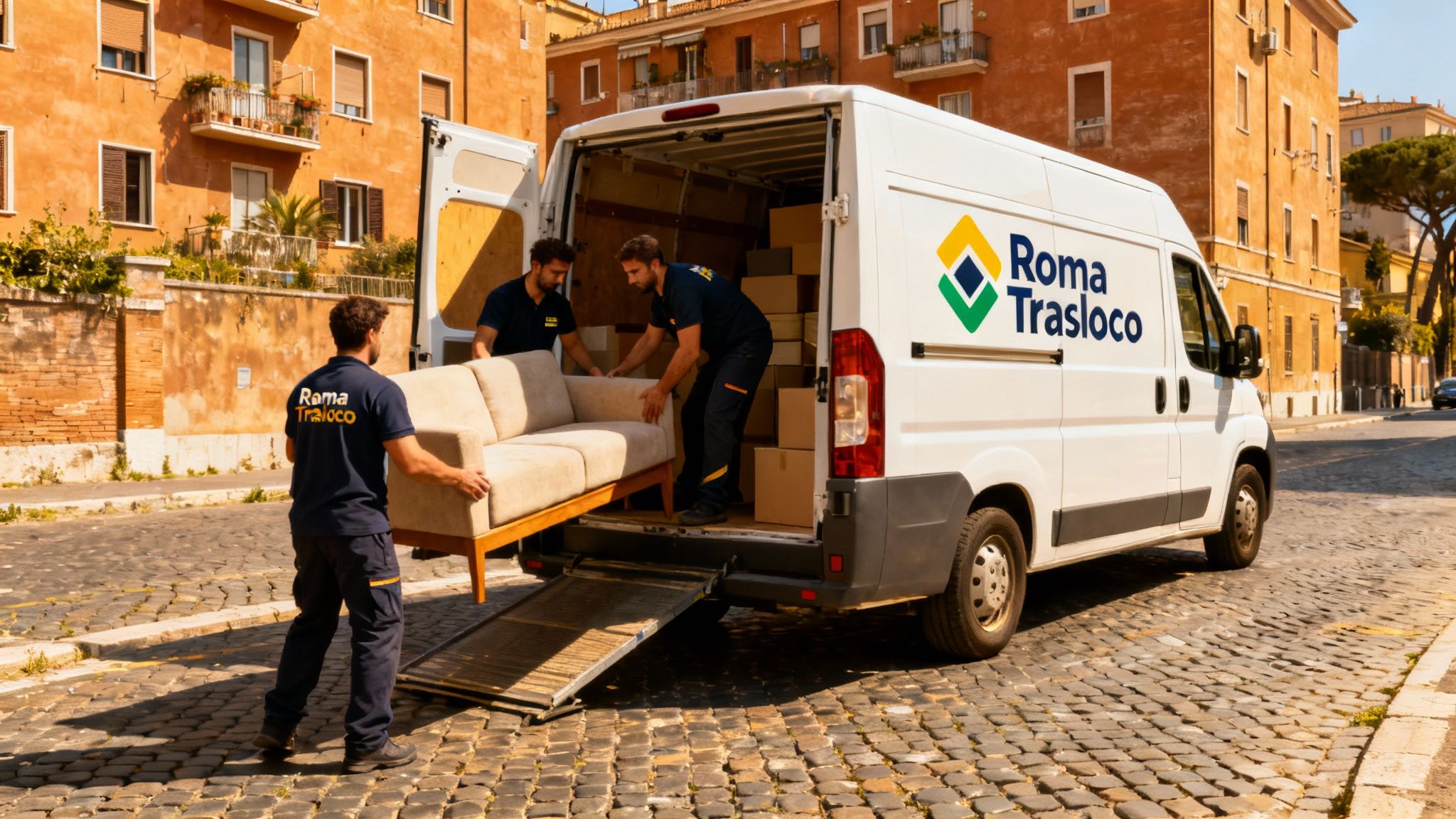 Quartiere Colle Prenestino - squadra professionale carica mobili su furgone Roma Trasloco