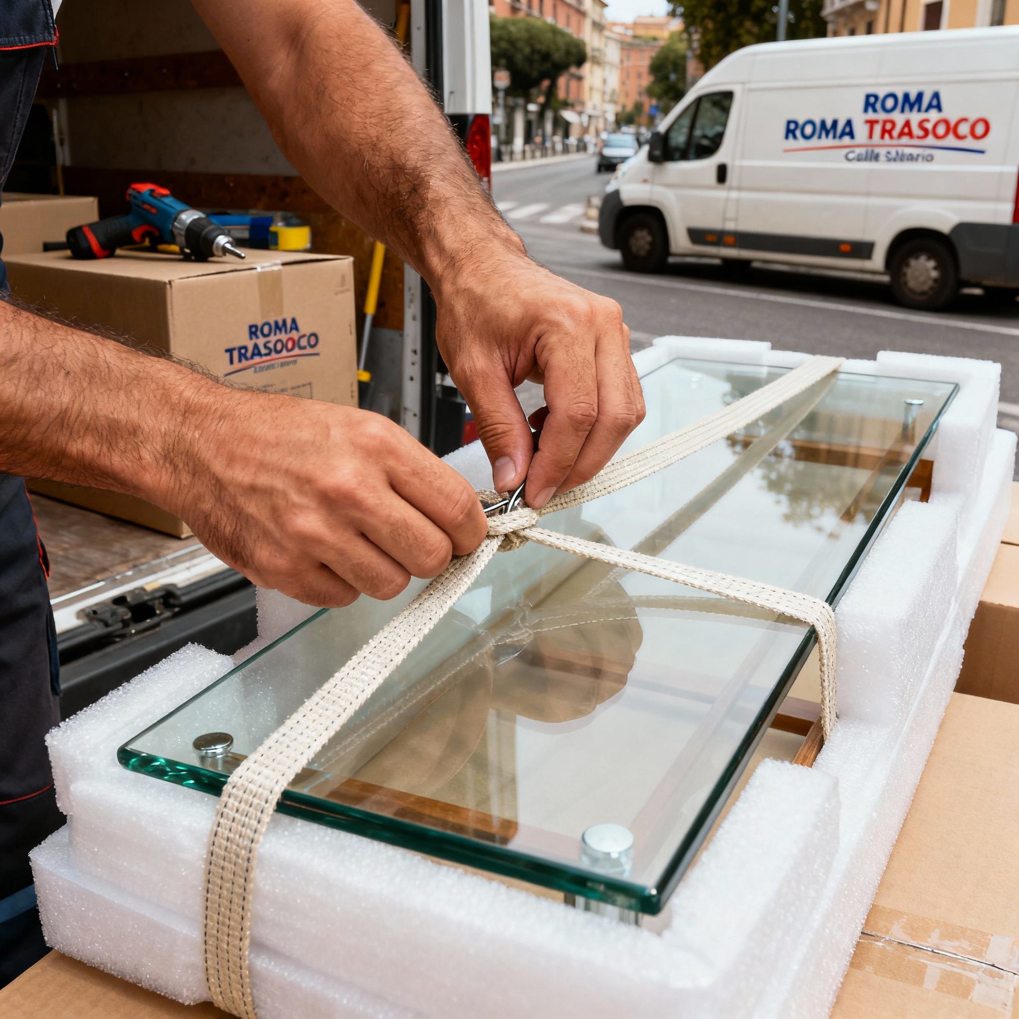 Quartiere Colle Salario - dettaglio mani esperte imballano oggetti fragili con cura professionale