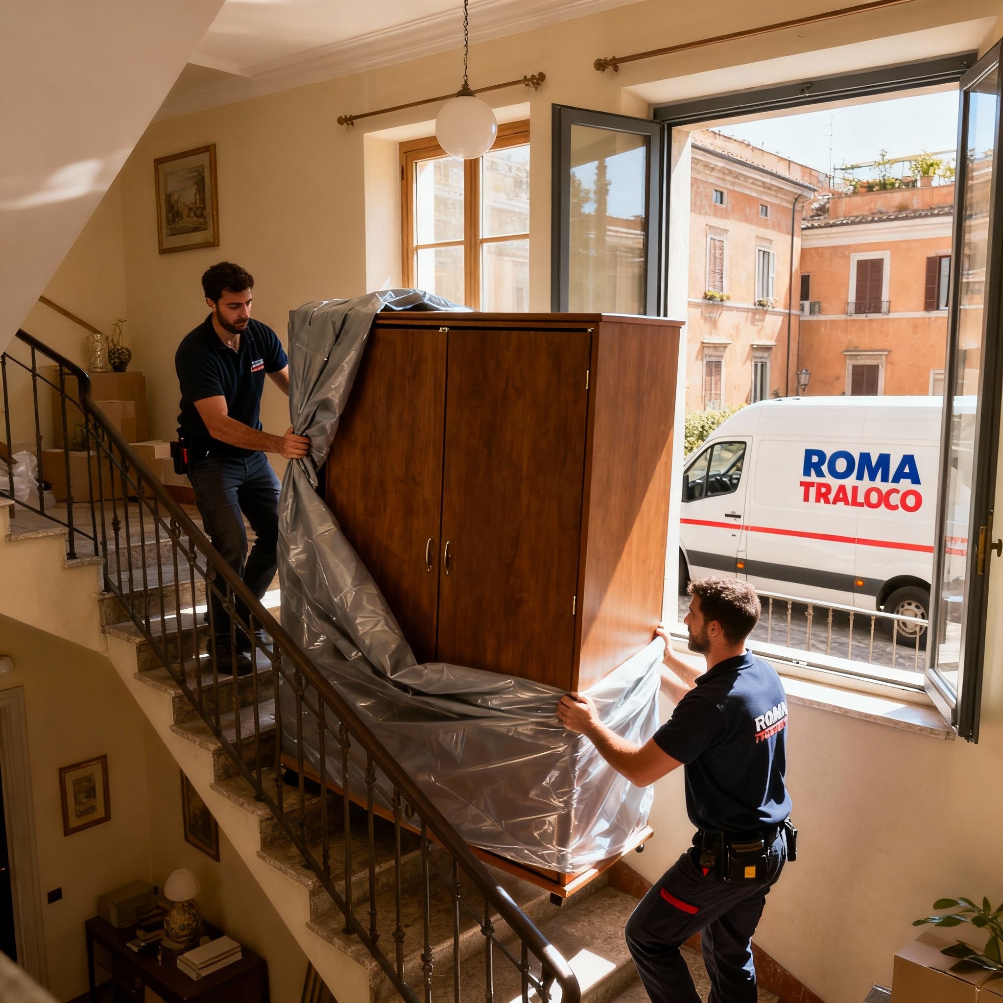 Quartiere Colle Salario - operatori maschi collaborano nel trasporto mobili con attenzione