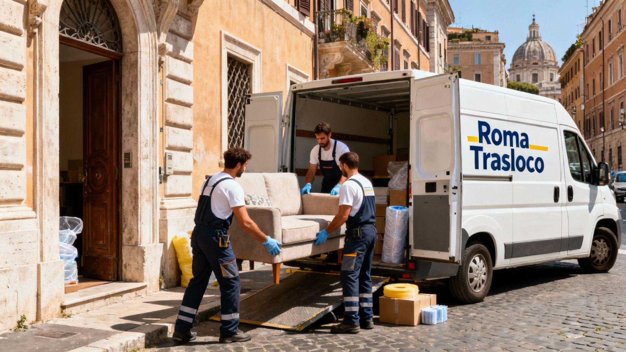 Quartiere Colli Aniene - squadra professionale carica mobili da palazzo romano su furgone