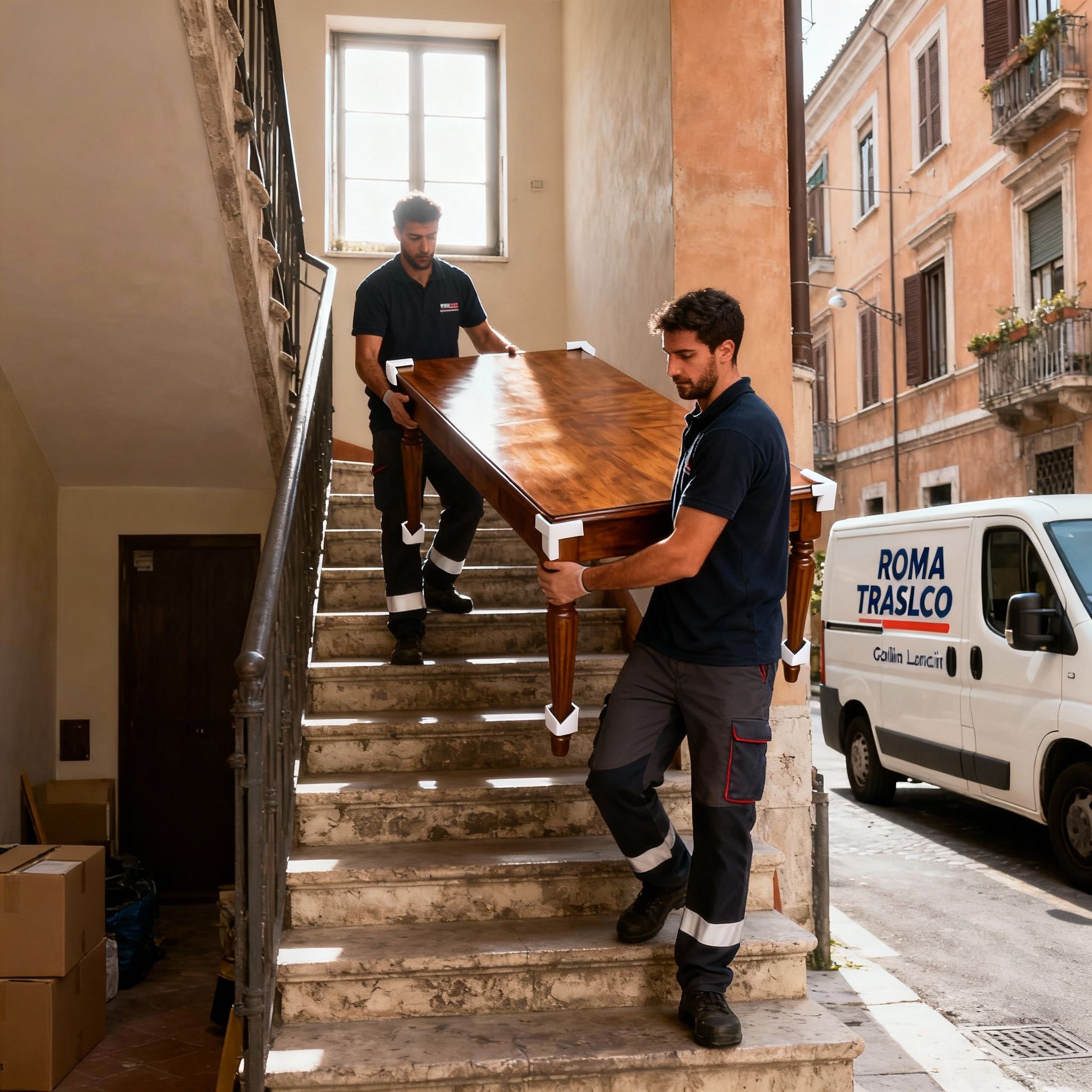 Quartiere Collina Lanciani - operatori maschi collaborano per trasporto mobili delicati