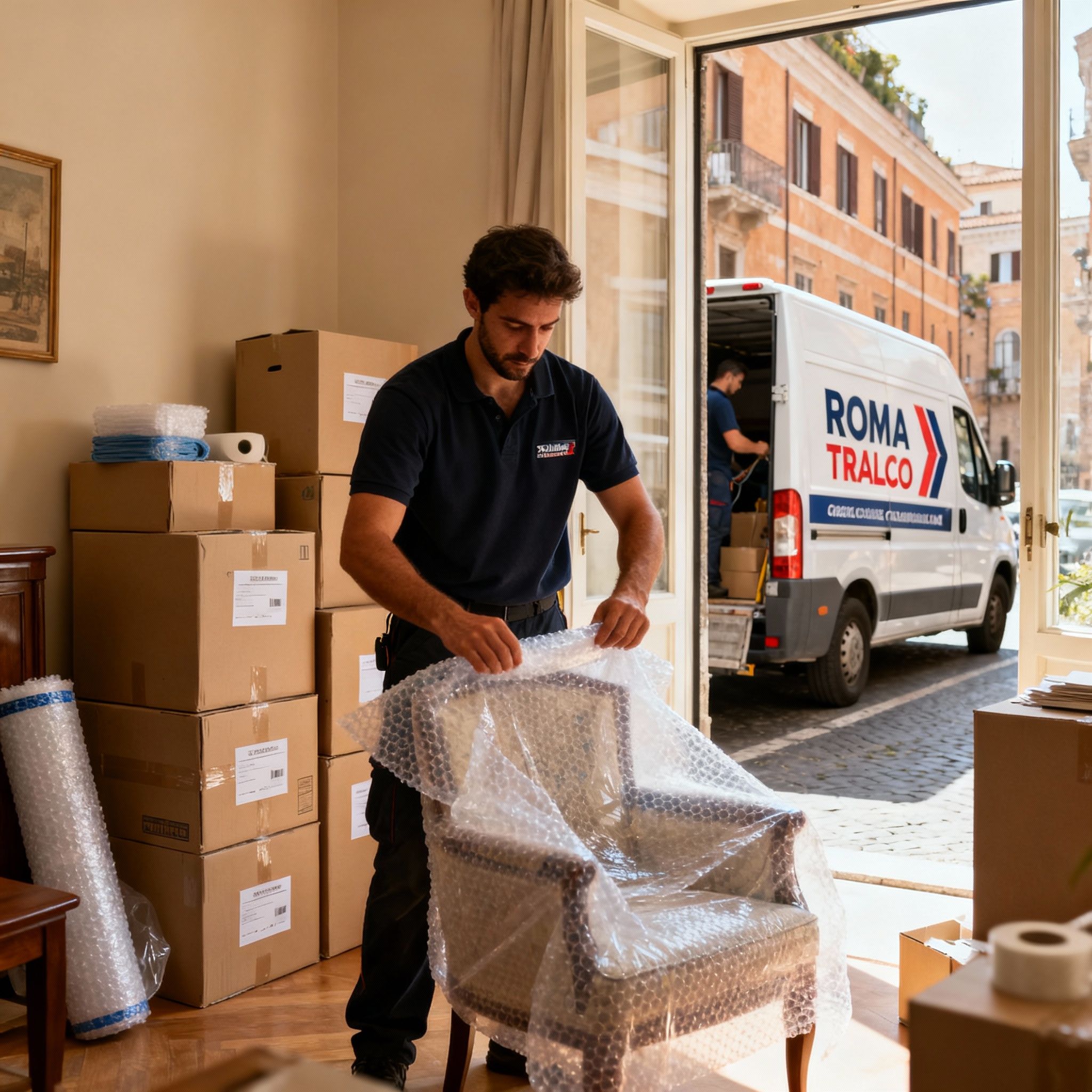 Quartiere Corcolle - squadra professionale carica mobili su furgone Roma Trasloco
