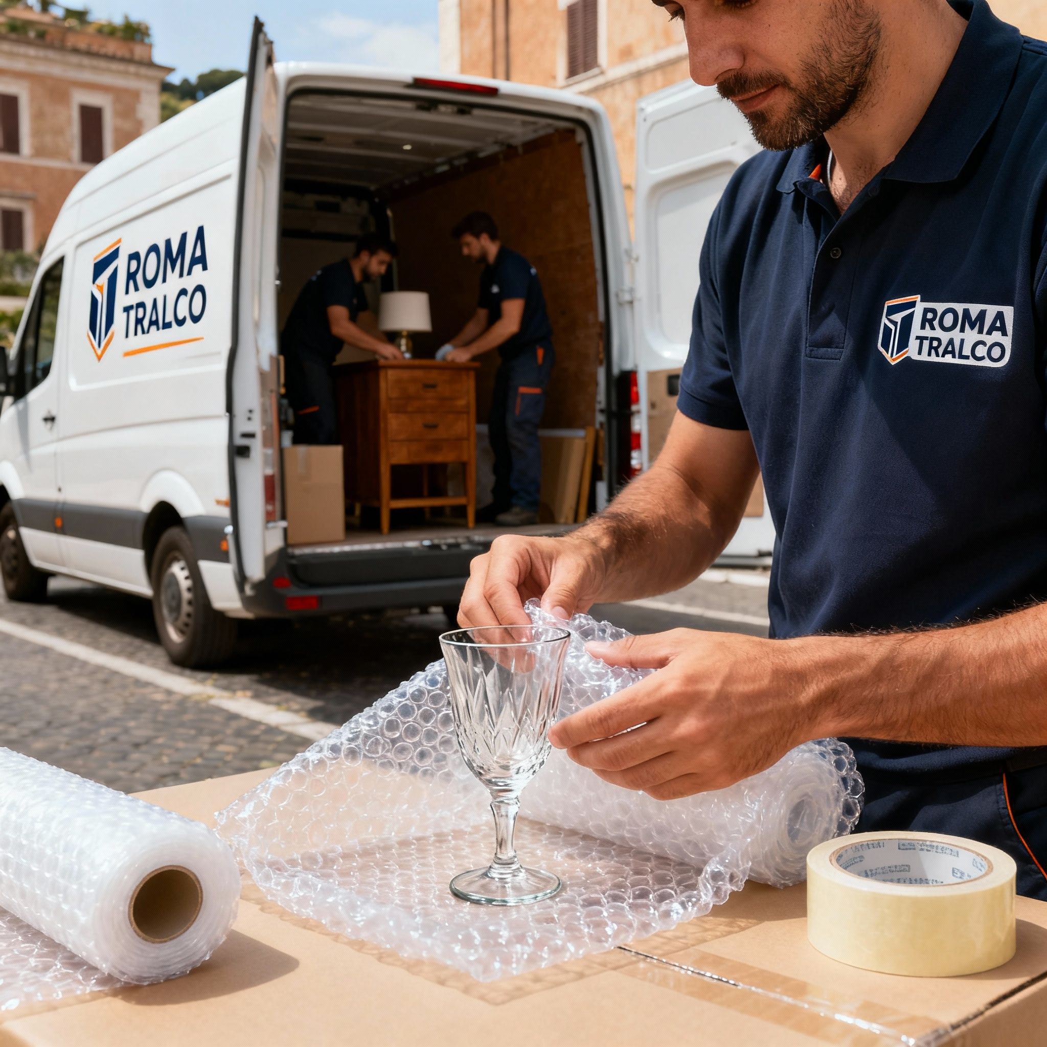 Quartiere Fidene - Dettaglio mani esperte imballano cristalleria fragile con protezioni professionali