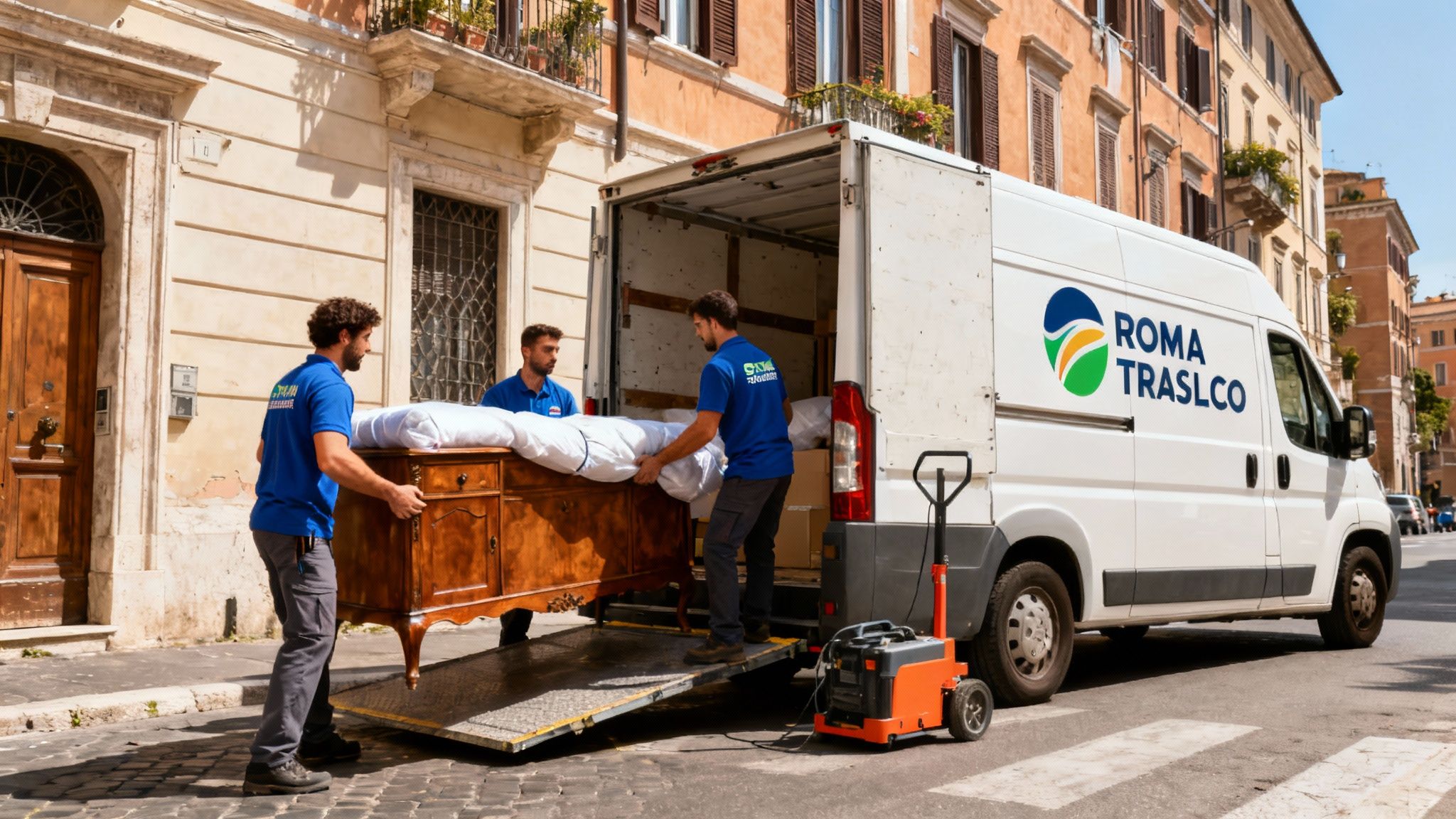 Quartiere Fidene - Squadra professionale traslochi carica mobili su furgone moderno in strada romana