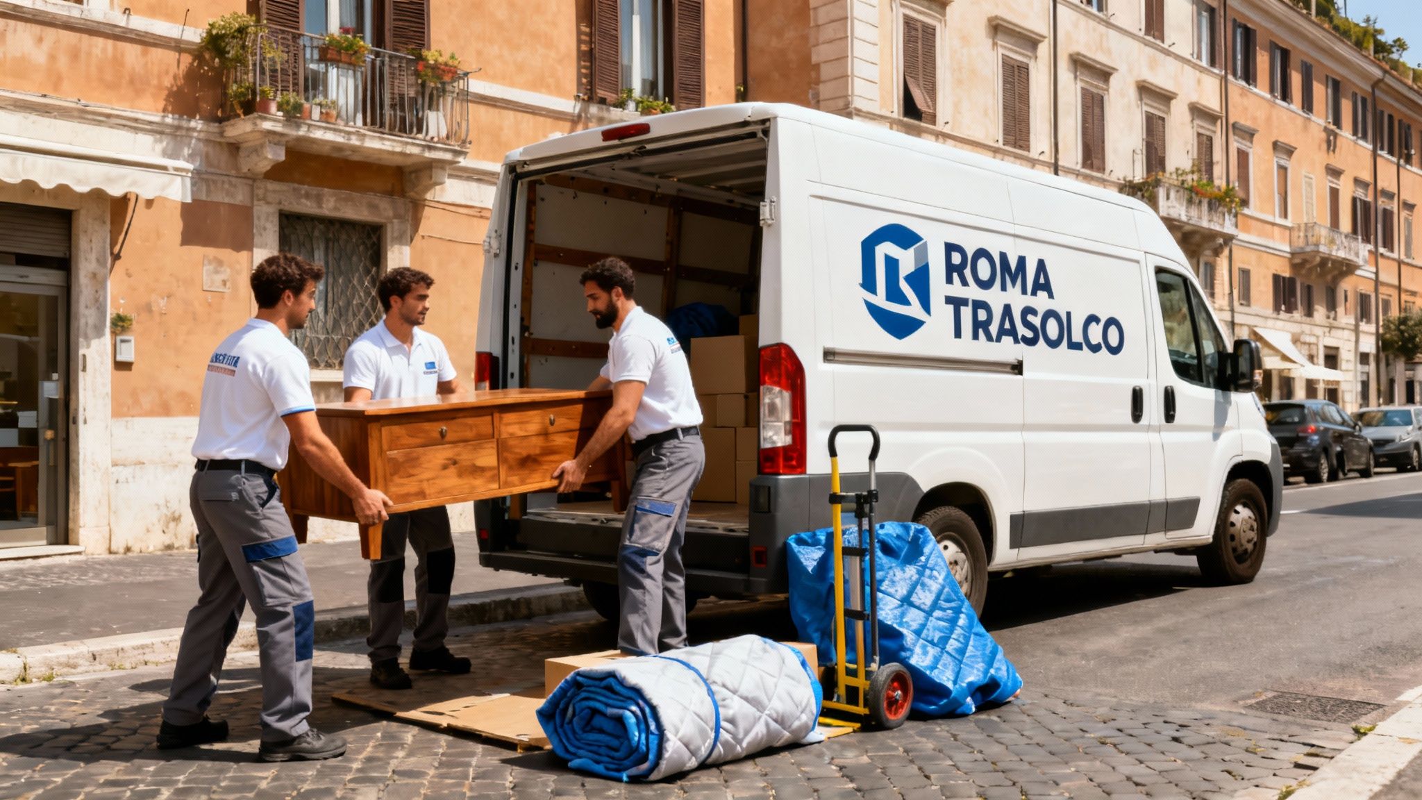 Quartiere Flaminio - squadra traslocatori professionisti carica mobili su furgone Roma Trasloco