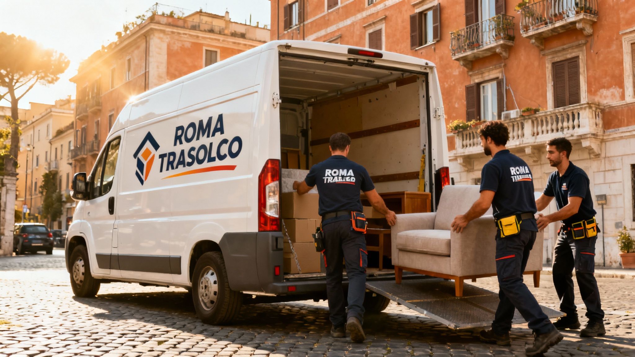 Quartiere Fosso San Giuliano - squadra professionale carica mobili su furgono Roma Trasloco