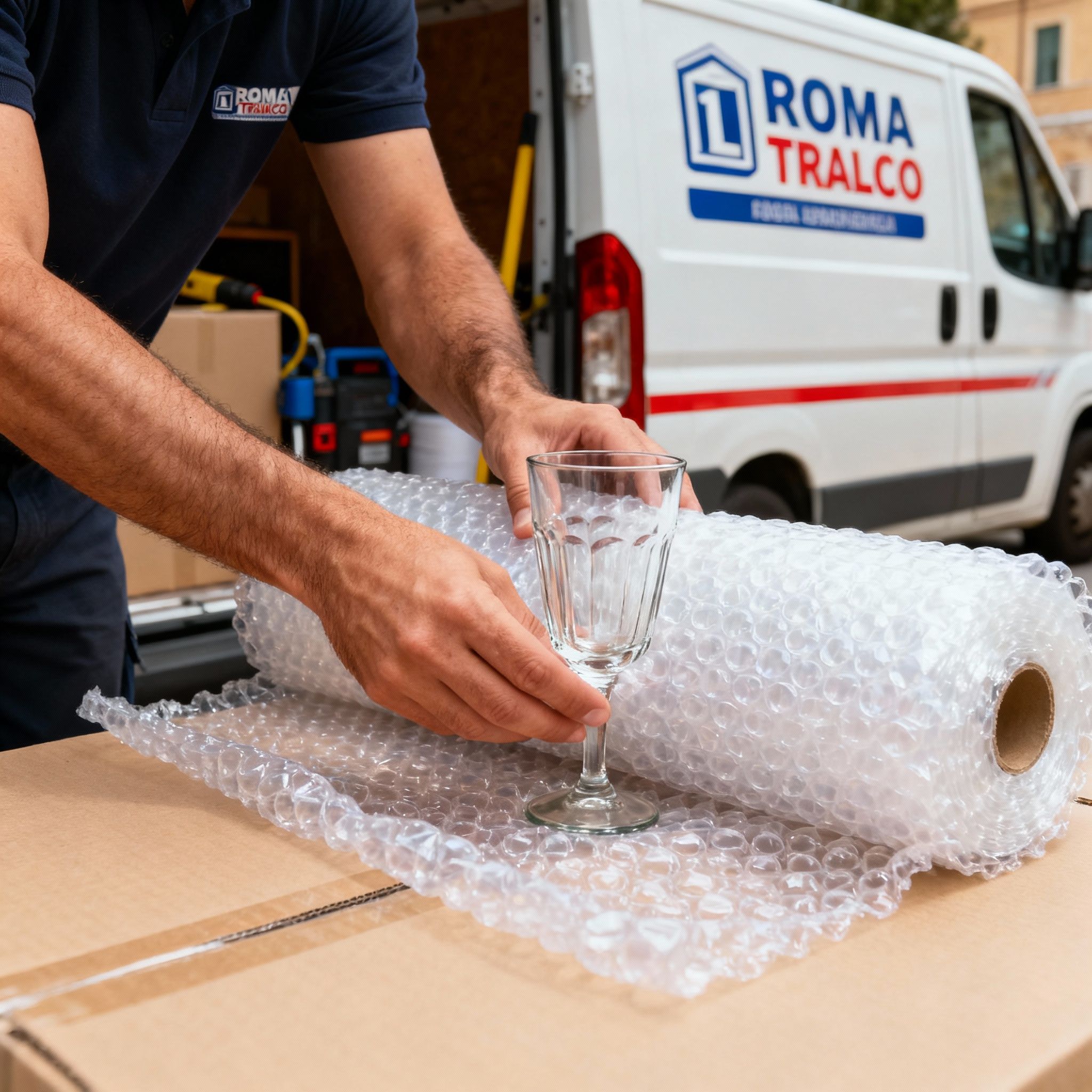 Quartiere Lanciani - dettaglio mani esperte proteggono oggetti fragili con materiali professionali