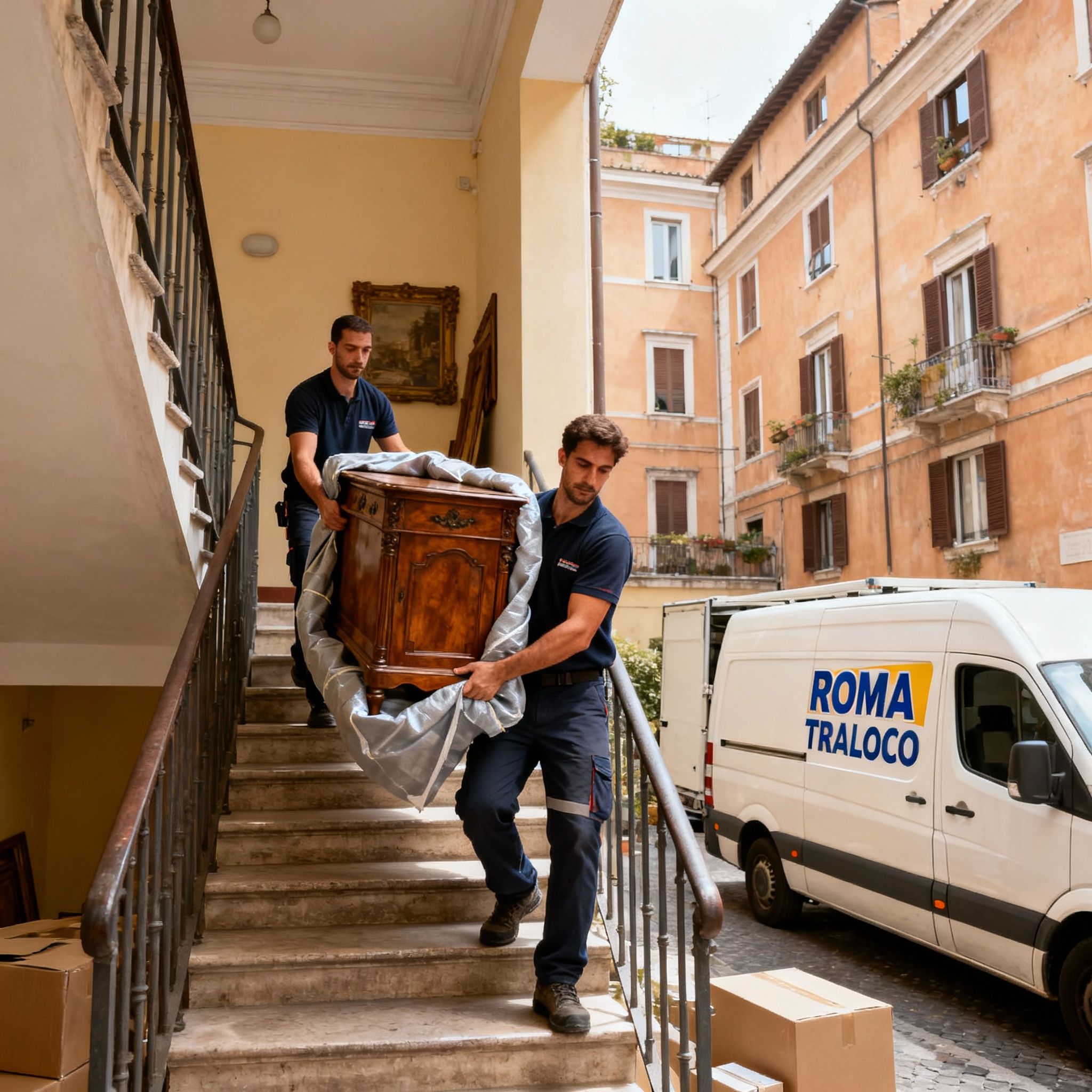 Quartiere Lanciani - operatori maschi trasportano mobili con cura e competenza