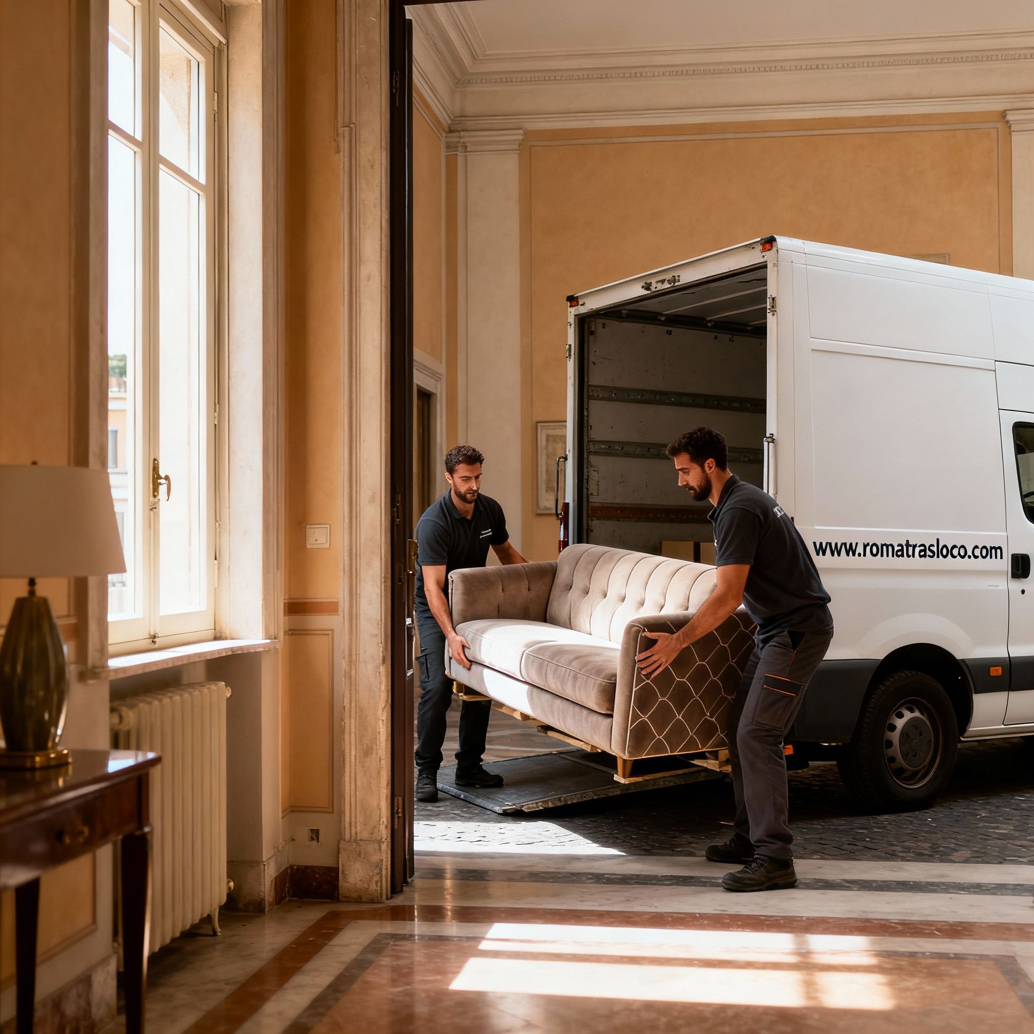 Quartiere Ludovisi - Team di traslocatori esperti che collabora per trasportare un divano di design con la massima cura.