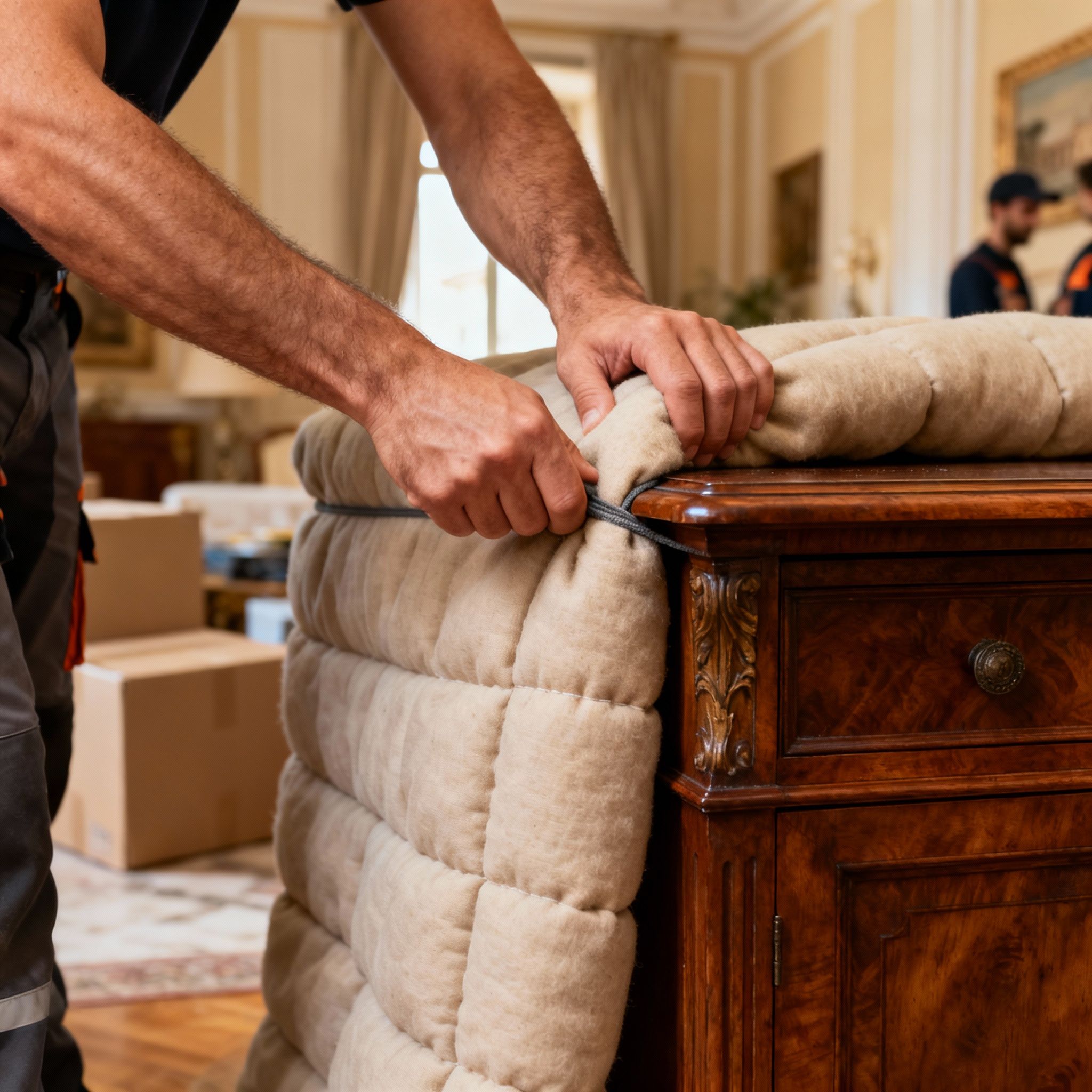 Quartiere Ludovisi - Dettaglio sulla cura: mani esperte fissano protezioni su un angolo di un mobile di pregio.