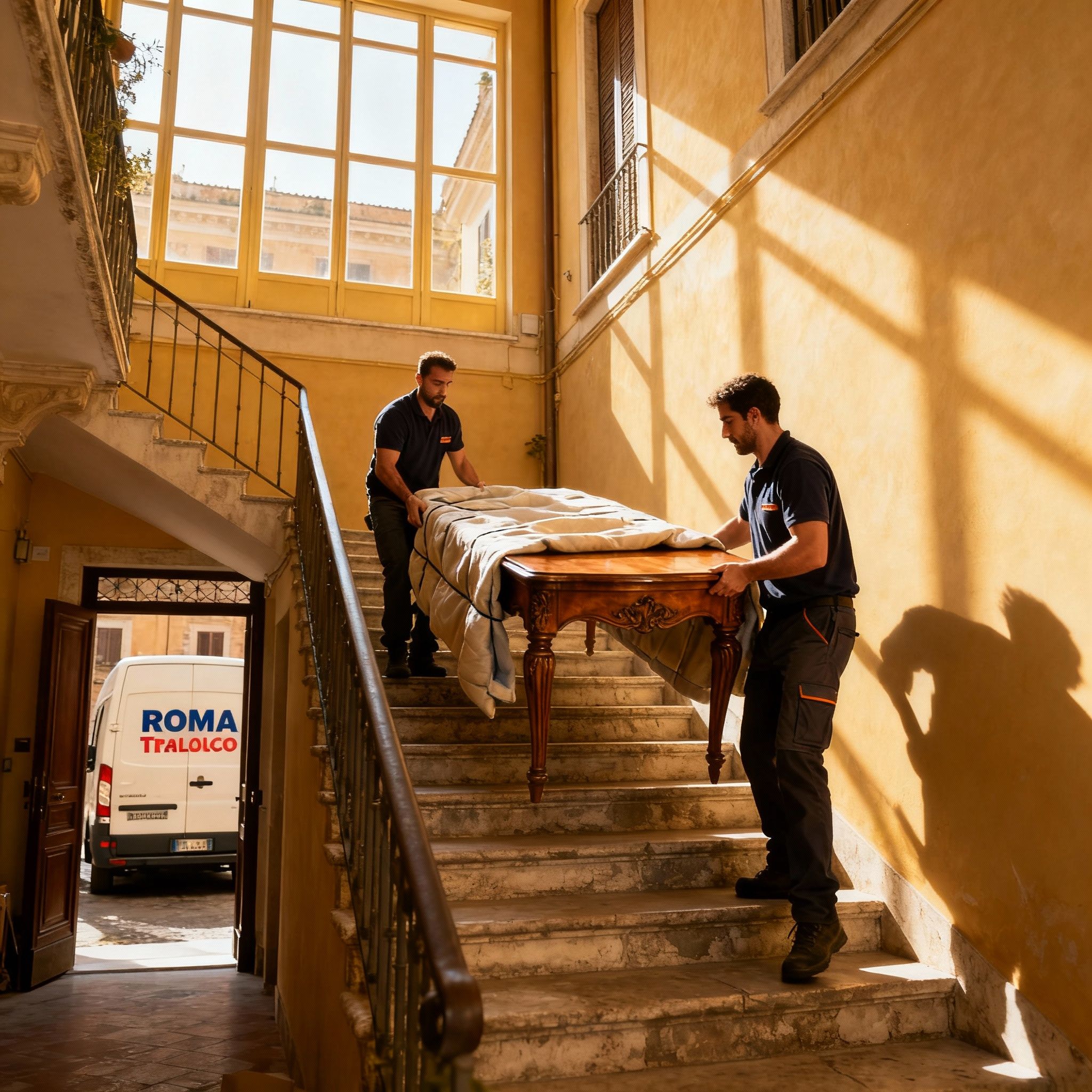 Quartiere Montesacro-Città Giardino - due operatori collaborano nel trasporto mobili antichi