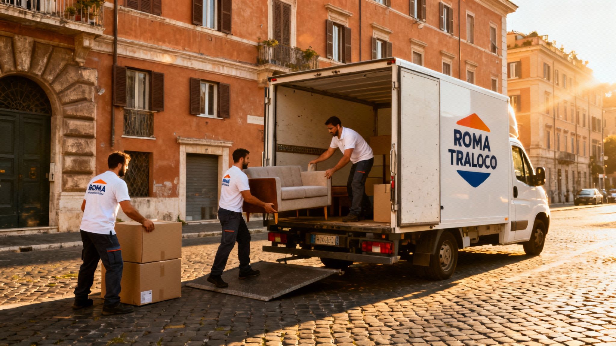 Quartiere Monti Tiburtini - squadra traslocatori professionisti carica mobili su furgone Roma Trasloco