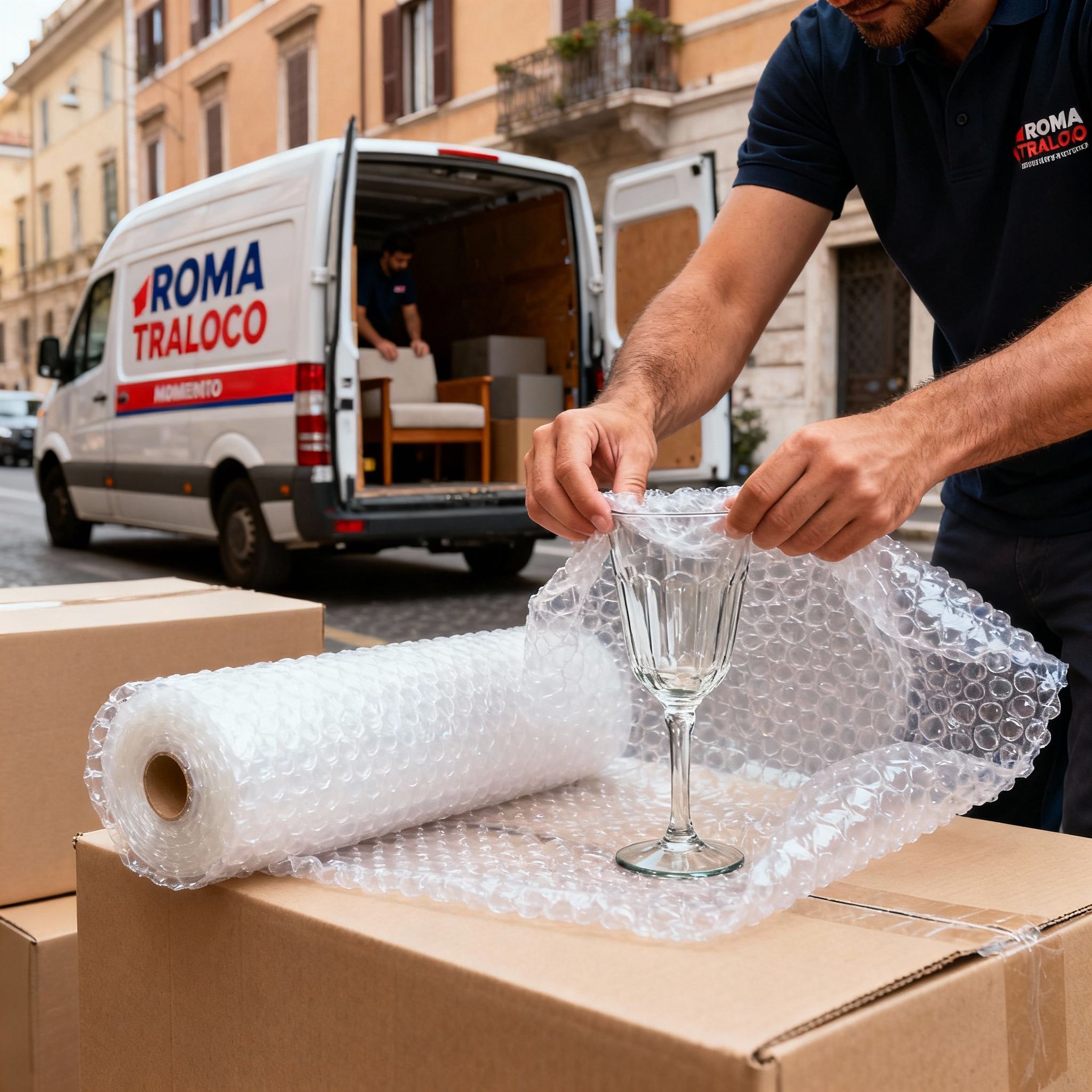 Quartiere Nomentano - dettaglio mani esperte imballano cristalleria con cura