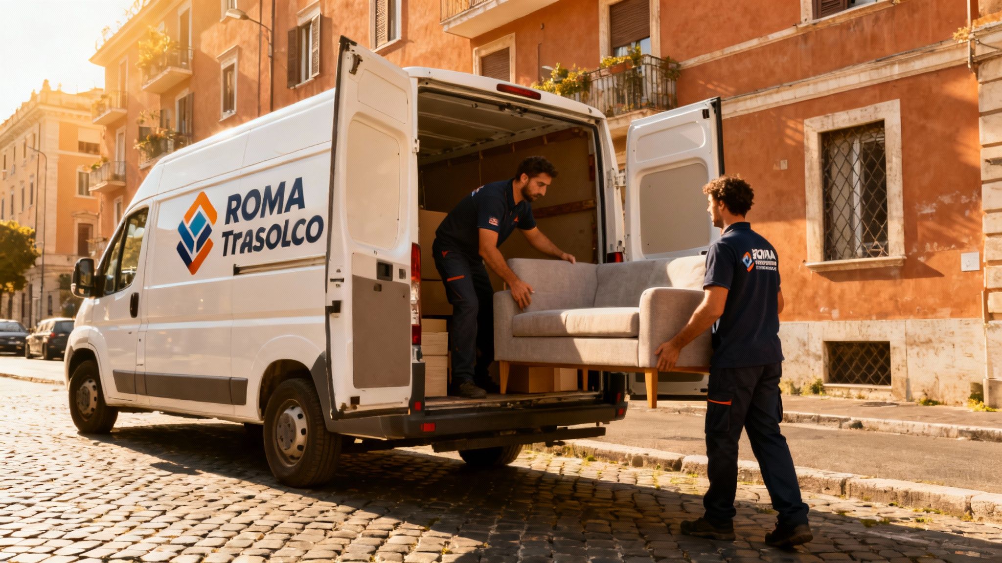 Quartiere Osa - squadra professionale carica mobili su furgono Roma Trasloco in contesto romano
