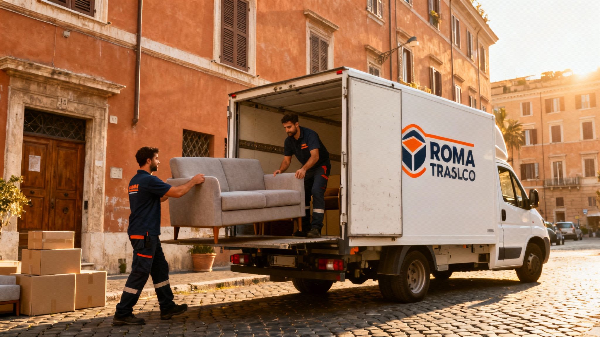 Quartiere Pantano Borghese - squadra professionale carica mobili su furgono moderno con logo Roma Trasloco