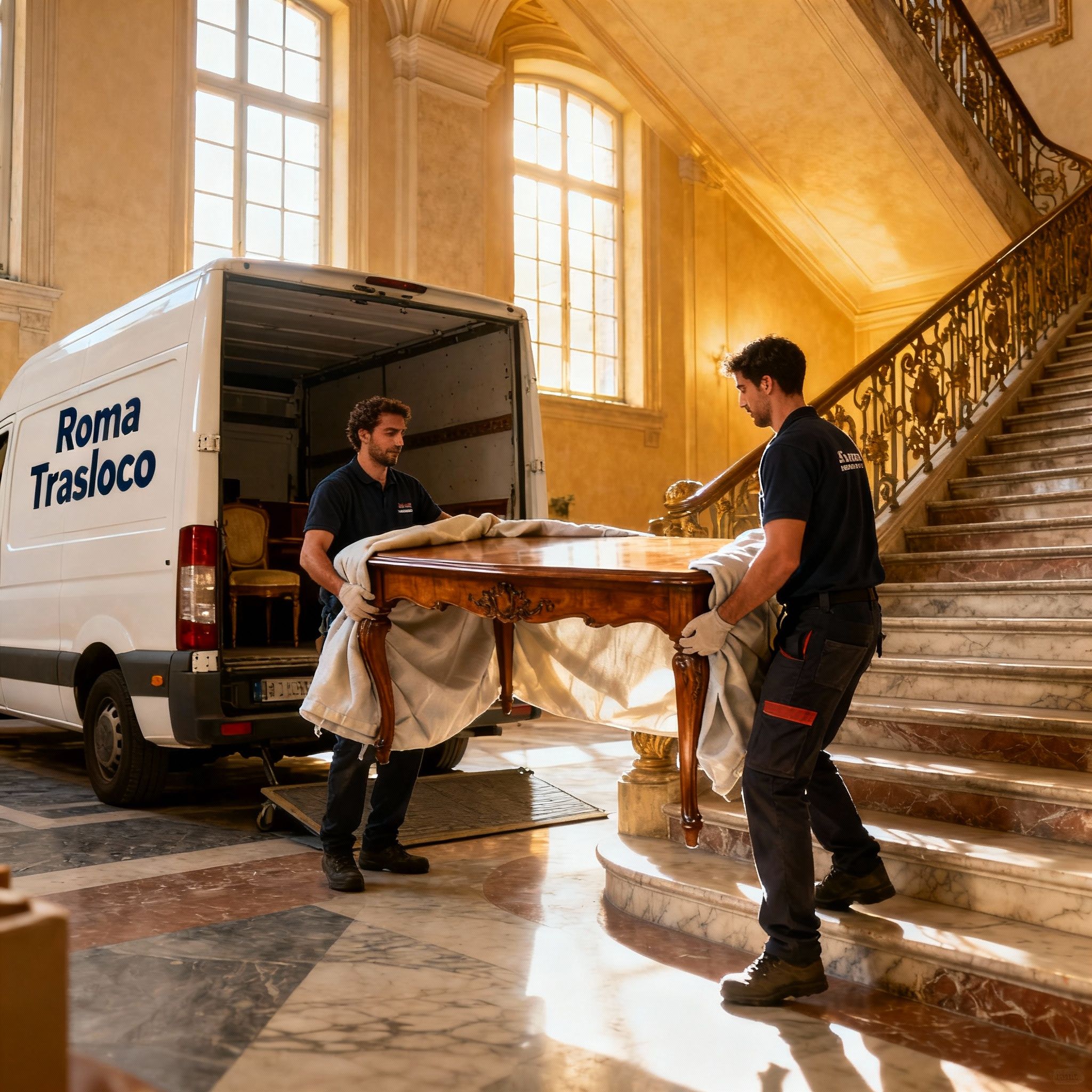 Quartiere Parioli - operatori esperti collaborano per trasporto mobili delicati