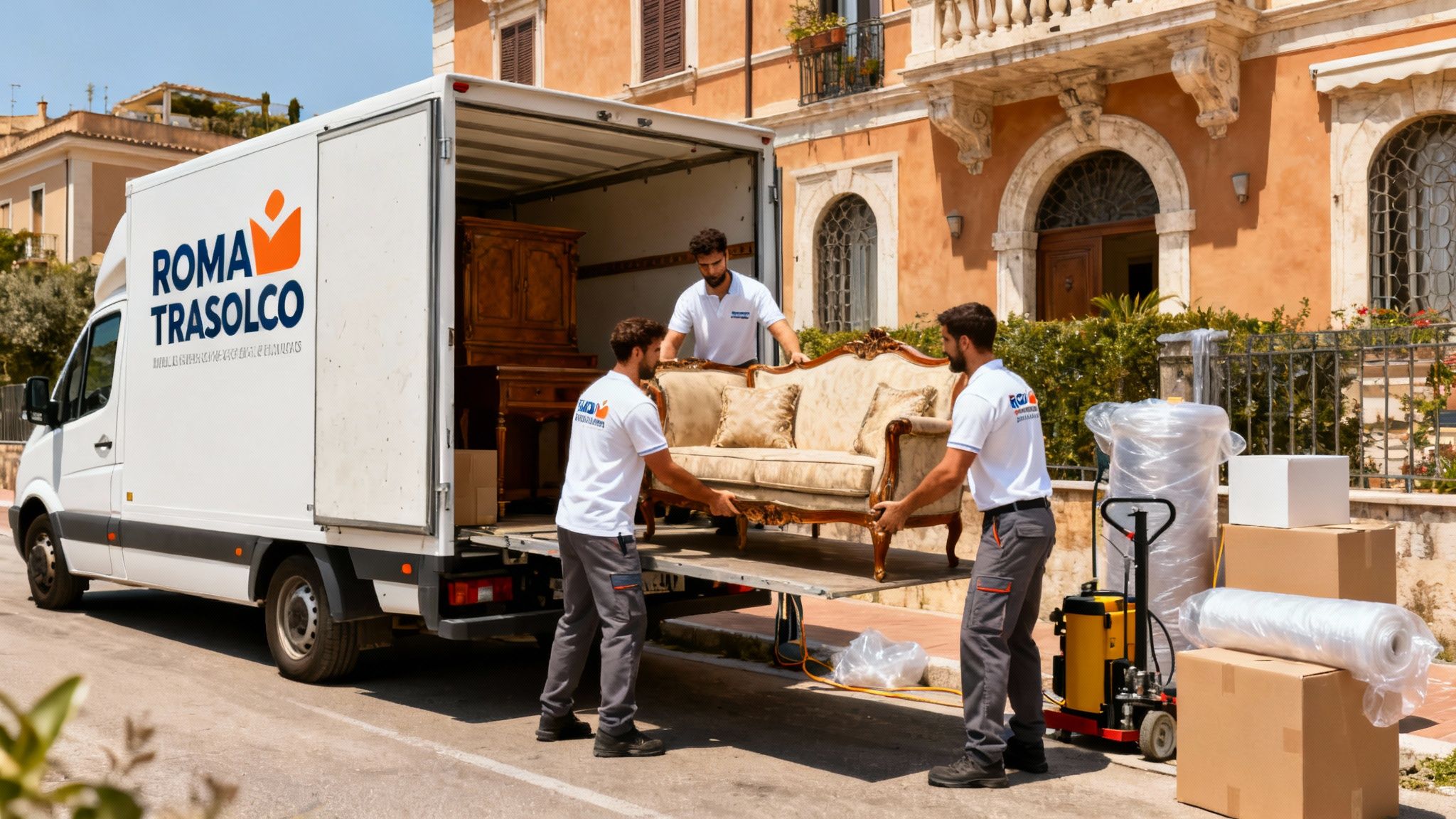 Quartiere Parioli - squadra professionale traslochi carica mobili su furgone moderno
