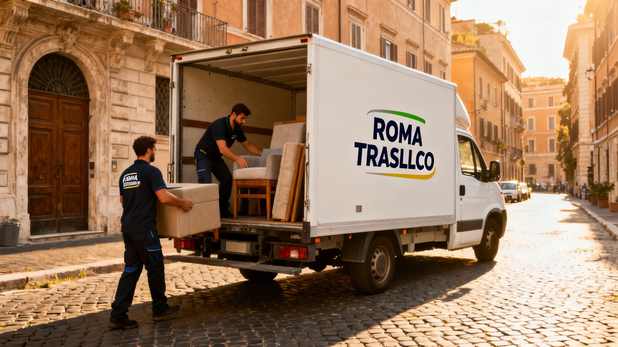 Quartiere Pietralata - squadra professionale carica mobili su furgone Roma Trasloco