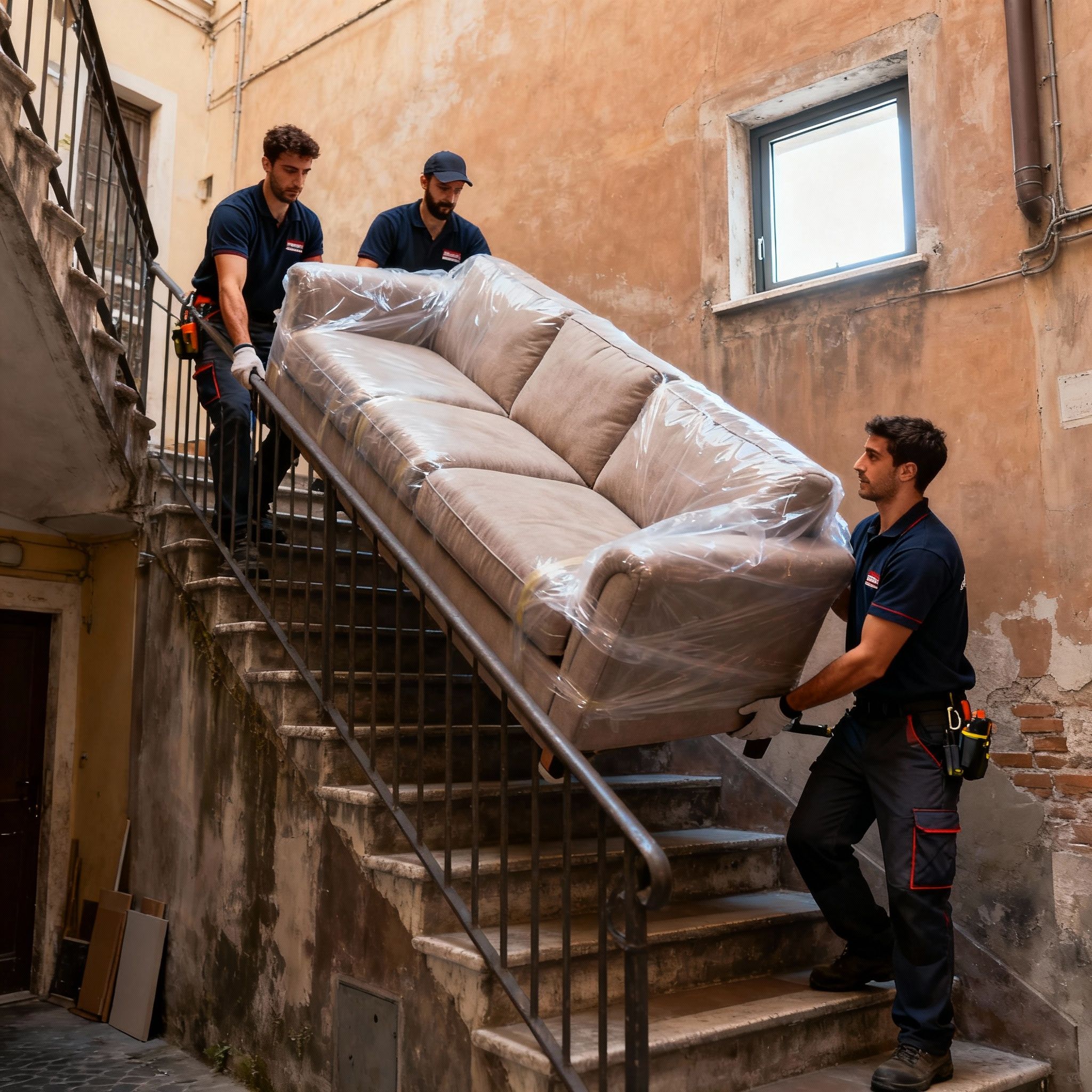 Quartiere Pigneto - team trasporta divano scale