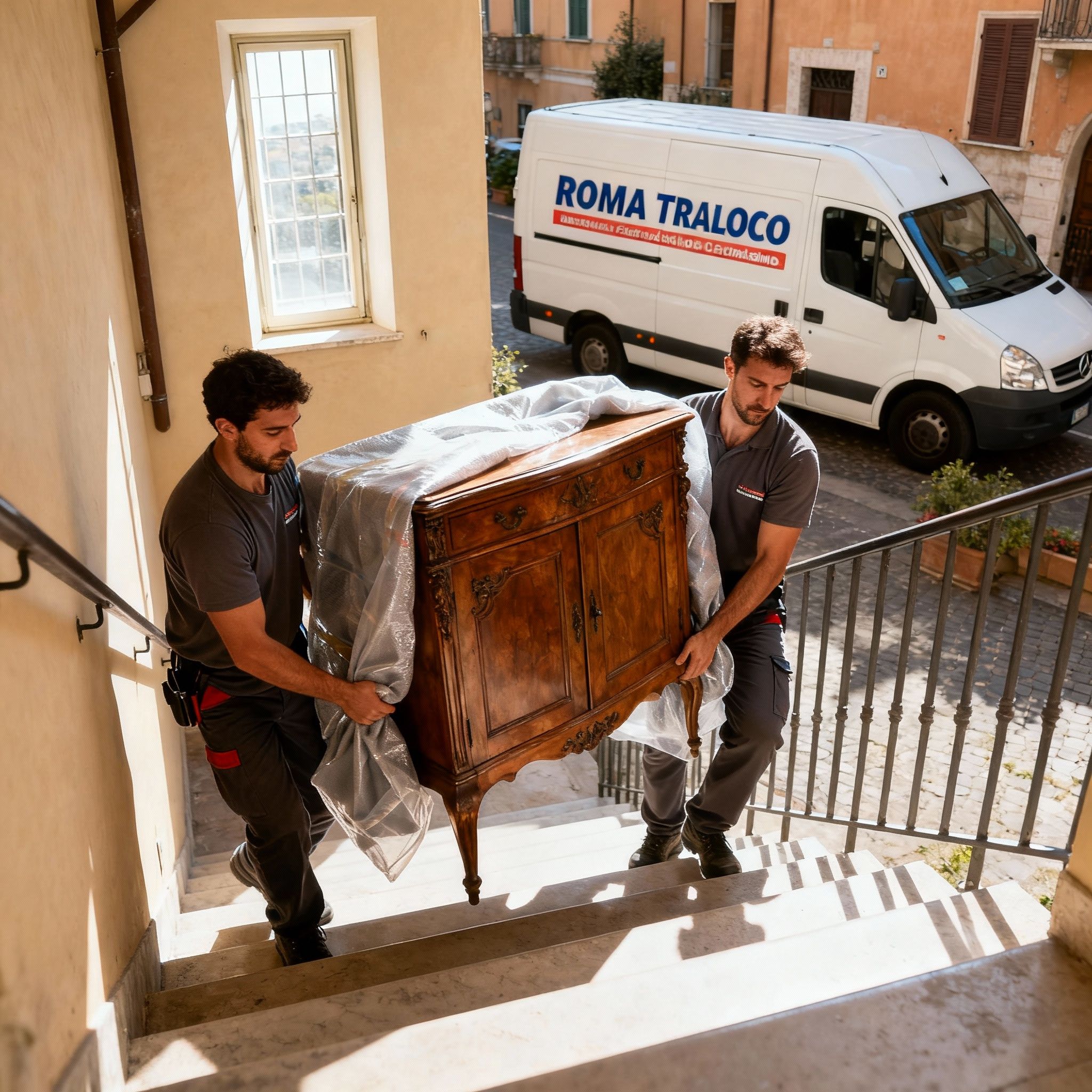 Quartiere Pinciano - operatori trasportano mobili antichi con protezioni professionali