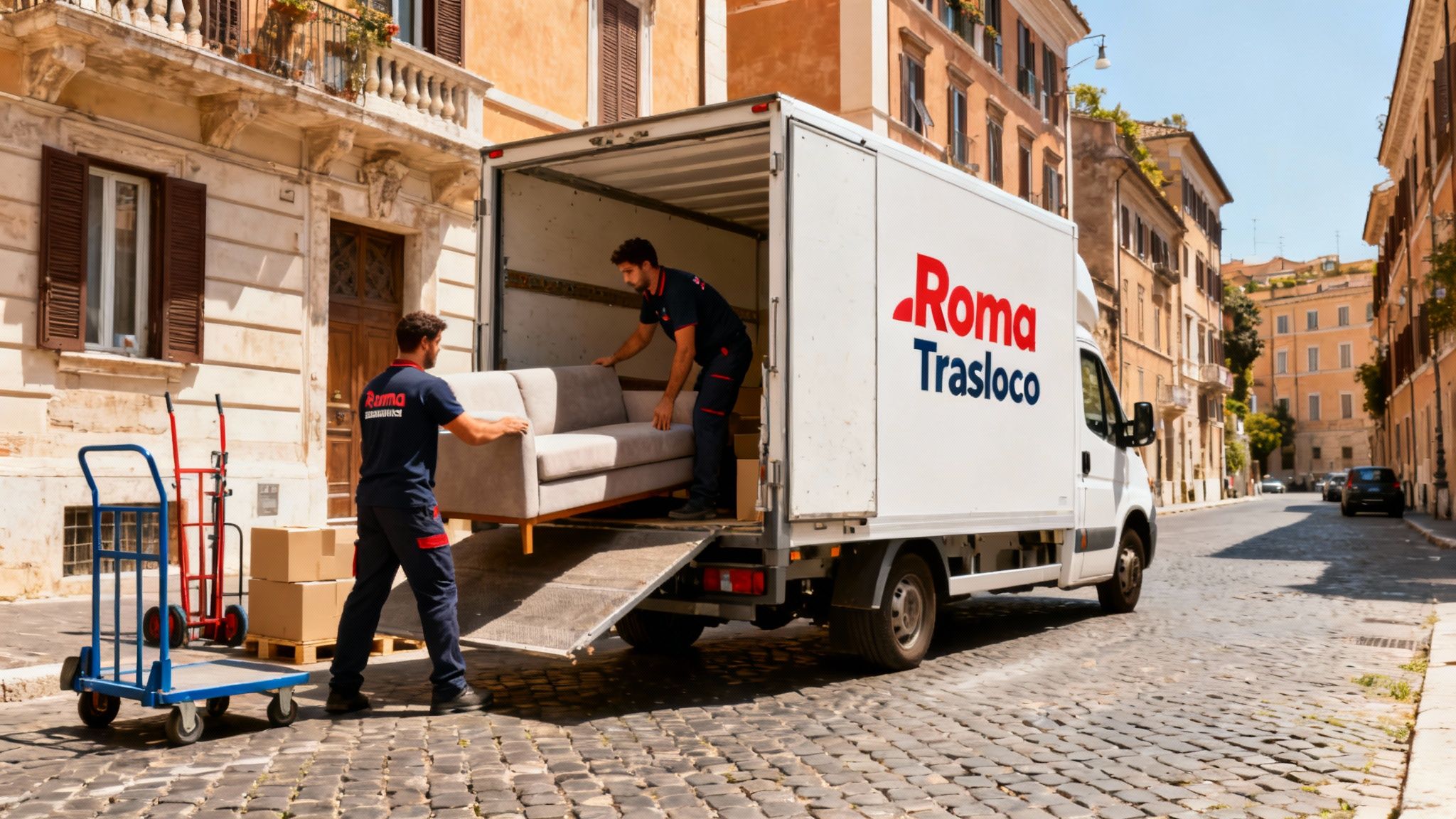Quartiere Podere Rosa - squadra professionale carica mobili su furgone Roma Trasloco