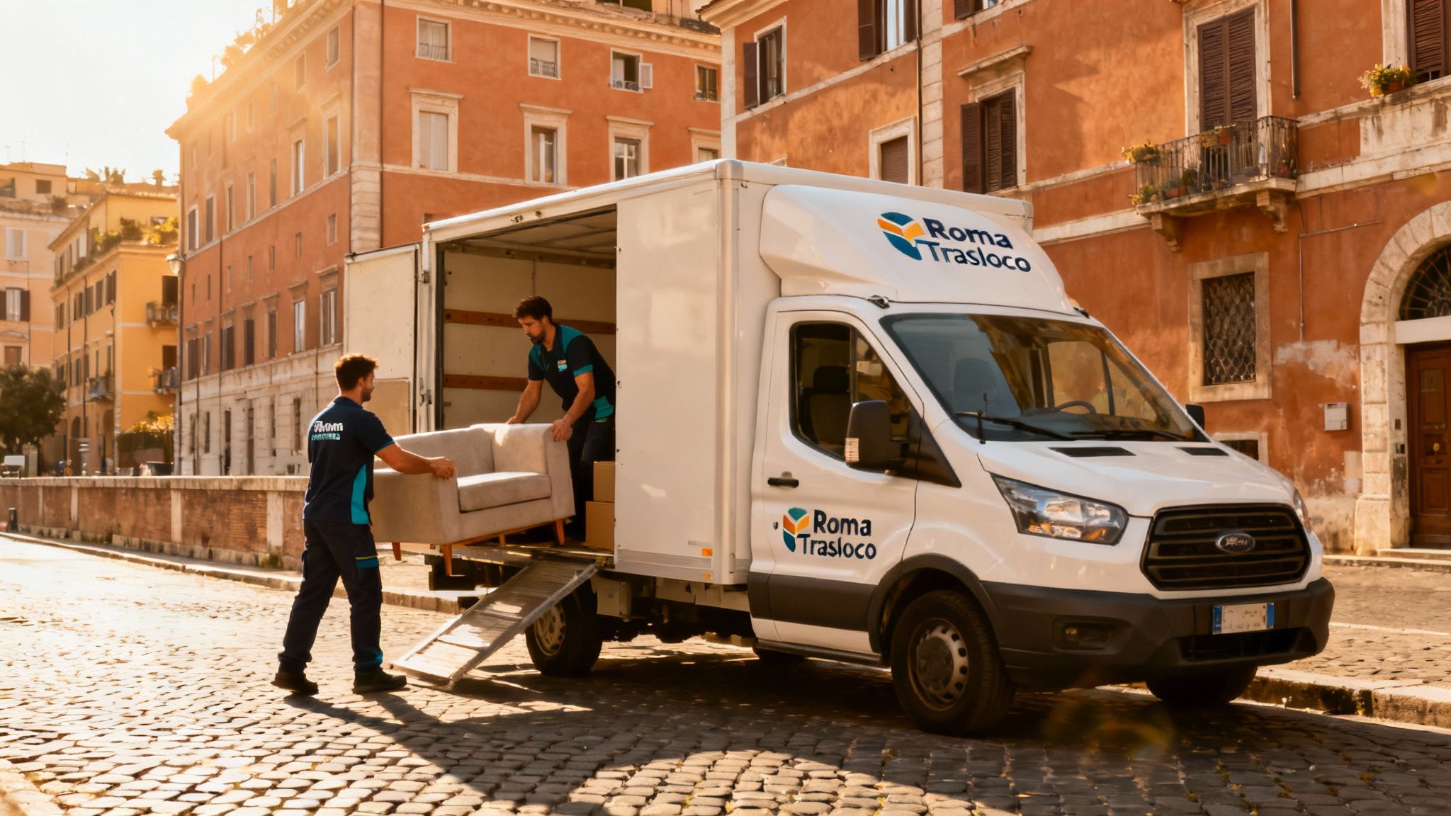 Quartiere Ponte di Nona - squadra professionale carica mobili su furgono Roma Trasloco